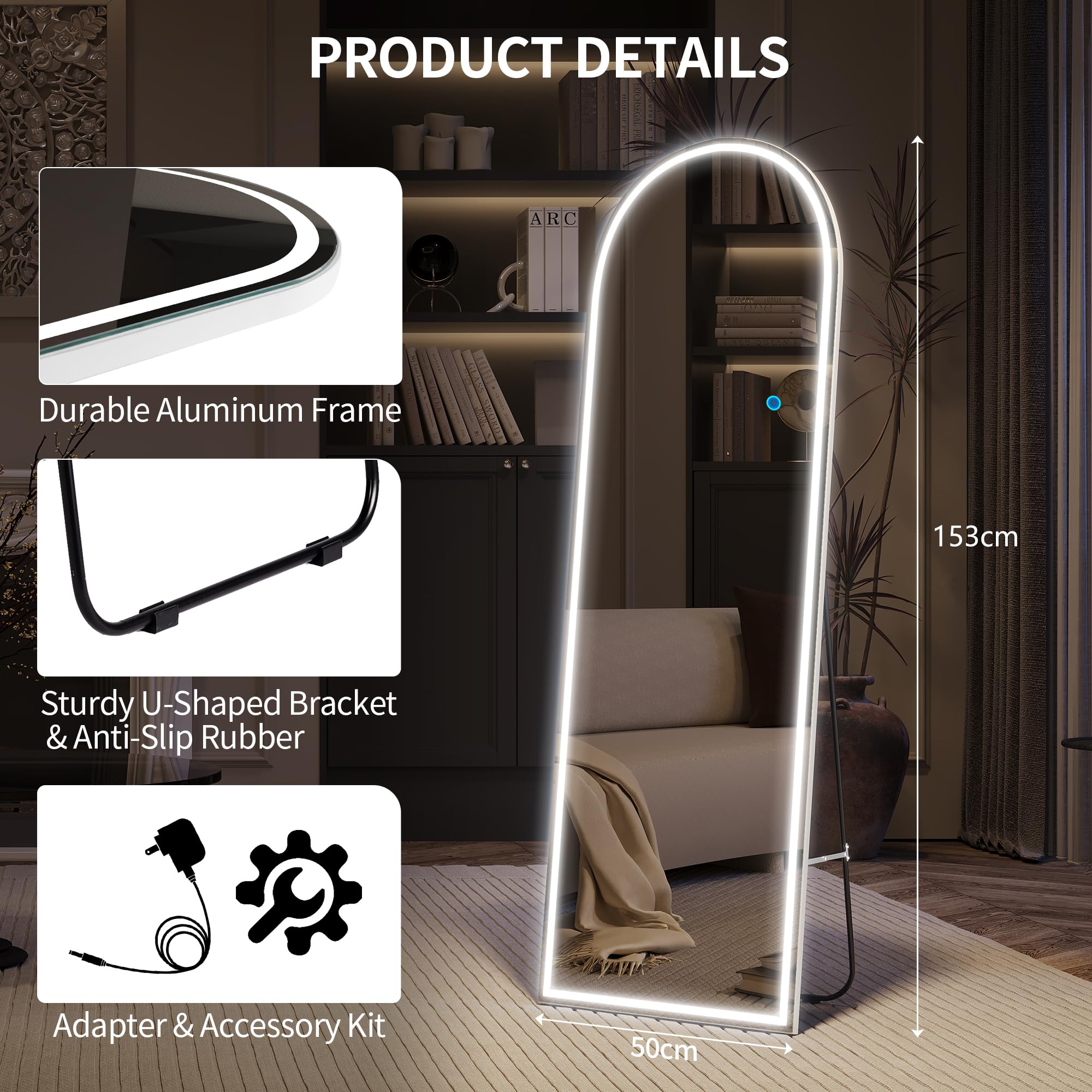 LVSOMT Bogen Ganzkörperspiegel mit Beleuchtung, 153x50cm LED Gewölbter Standspiegel, Moderne Wandspiegel Groß, Stehspiegel ohne Rahmen Beleuchtet, Aufstellspiegel für Schlafzimmer Wohnzimmer, Weiß