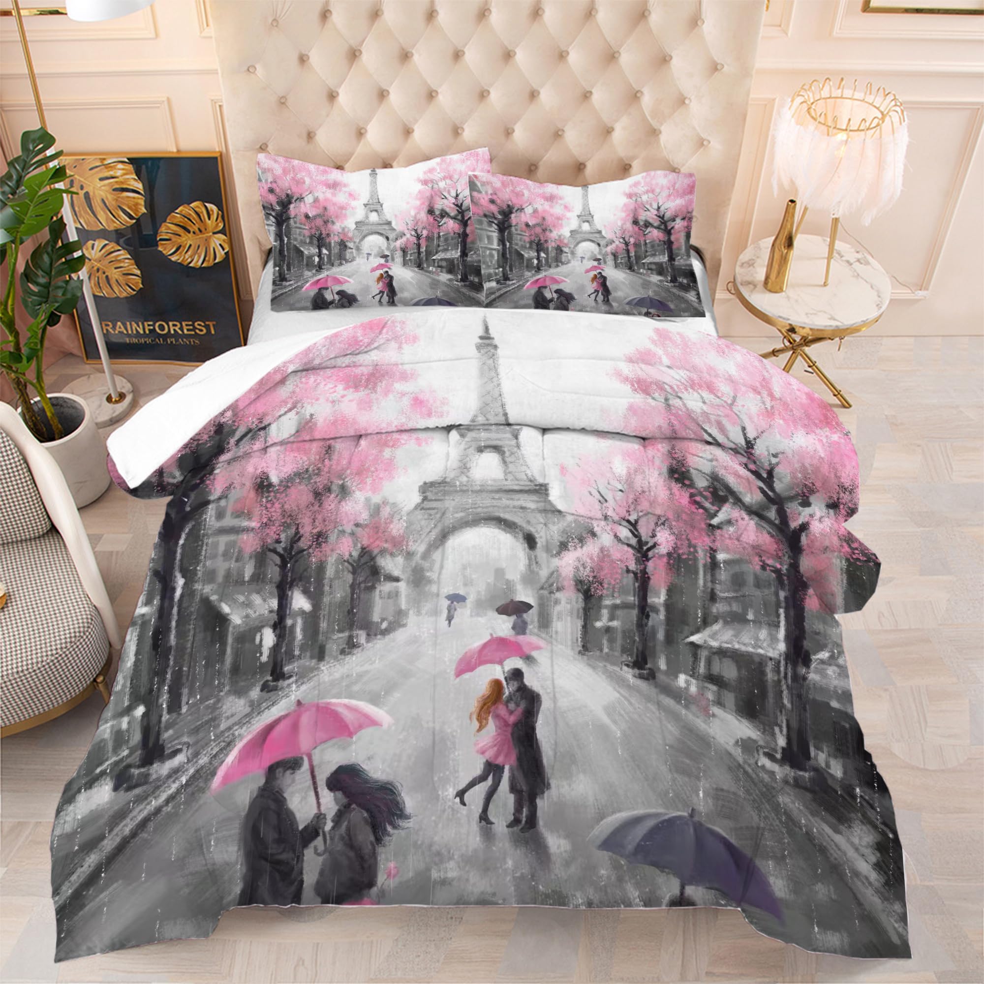 EDGZKO Paris Bedroom Comforter Set: Queen Size Eiffel Tower Bedding Sets Pink and Grey French Style Romantic Quilts Soft Bed Set for Teen Girls Women 1 Comforter & 2 Pillowcases