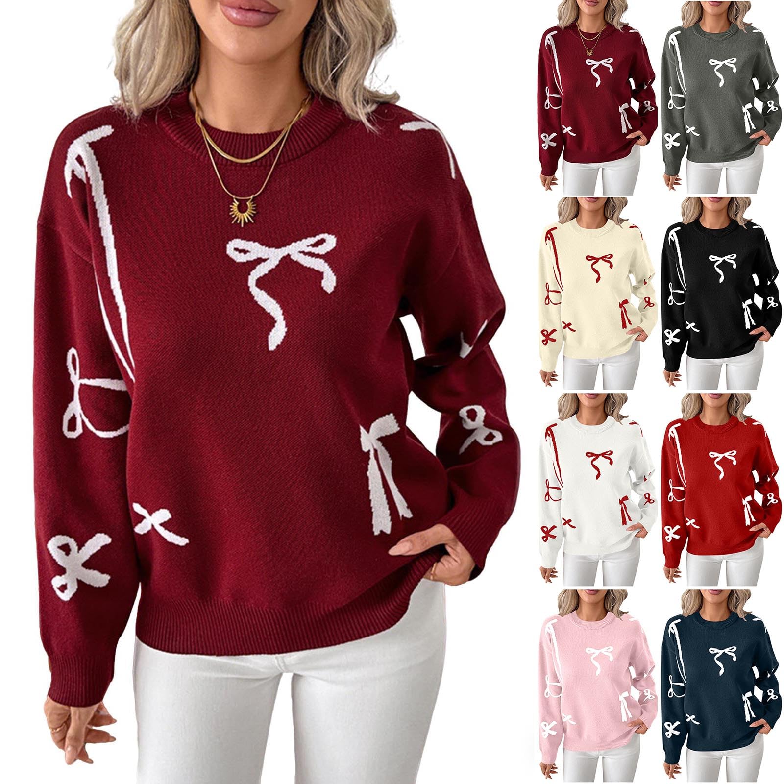 Womens Crewneck Pullover Sweaters Cute Bow Loose Long Sleeve Knit Sweater Trendy Casual Chunky Fall Winter Sweaters