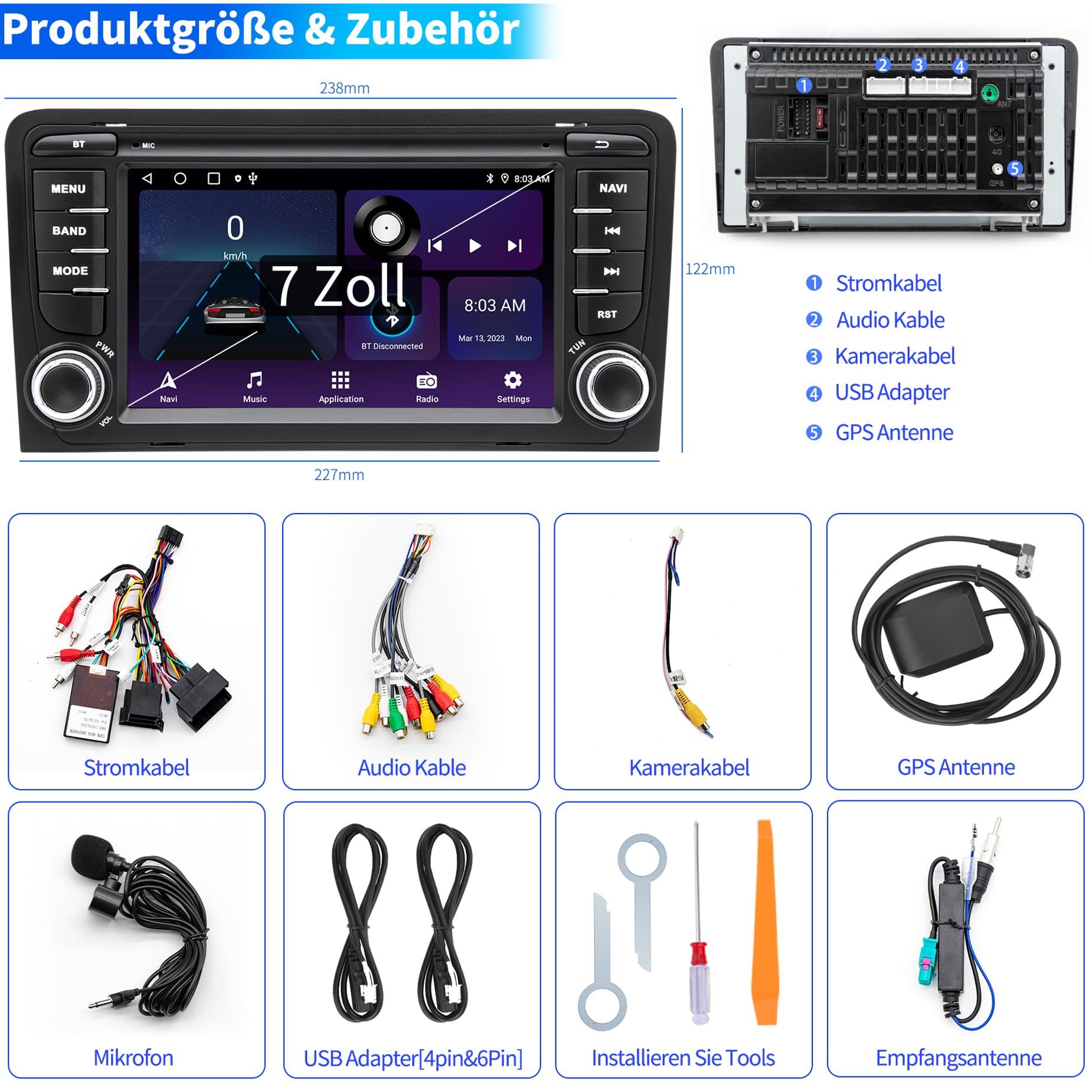 Autoradio für Audi A3 S3 8P RS3 2003 2004 2005 2006 2007 2008 2009 2010 2011 2012, Android 12 System 2G+64G mit Carplay Android Auto, 7 Zoll Touchscreen, Unterstützt GPS Navi WLAN Bluetooth FM Radio