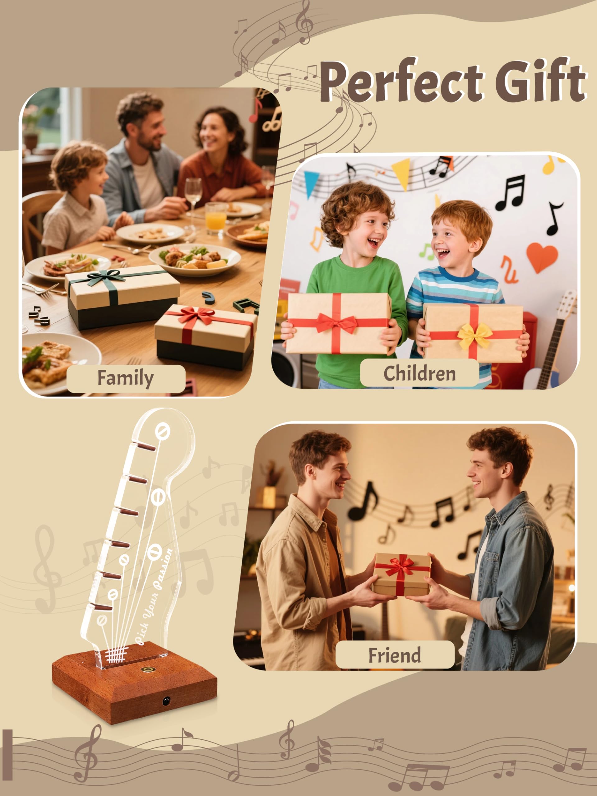 CoolGift Mart Leuchtender Gitarren-Pick-Halter,Acryl hölzerne E-Gitarre Headstock Shaped Pick Holder mit 16 Farbe Lichter für Picks Lagerung und Anzeige, Geschenk für Gitarristen