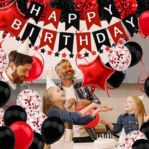 Miniatura 7 de Decoraciones de cumpleaños negro y rojo Cartel de feliz cumpleaños para niños, niñas, hombres y mujeres, suministros de fiesta