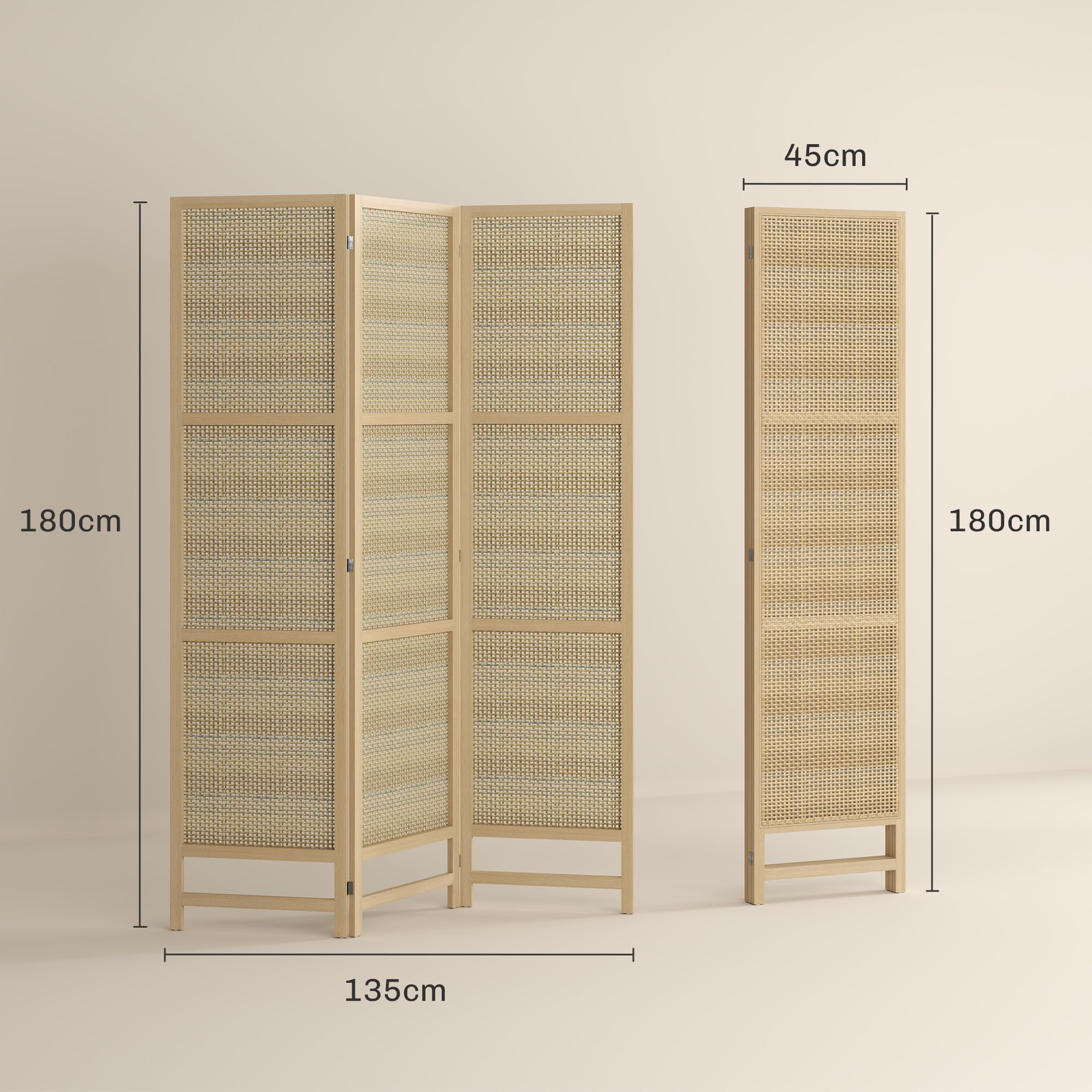 HOMCOM Divisor 3 paneles 135x180cm PP Ratán Natural | Divisor plegable, pantalla de privacidad, tabique para sala de estar