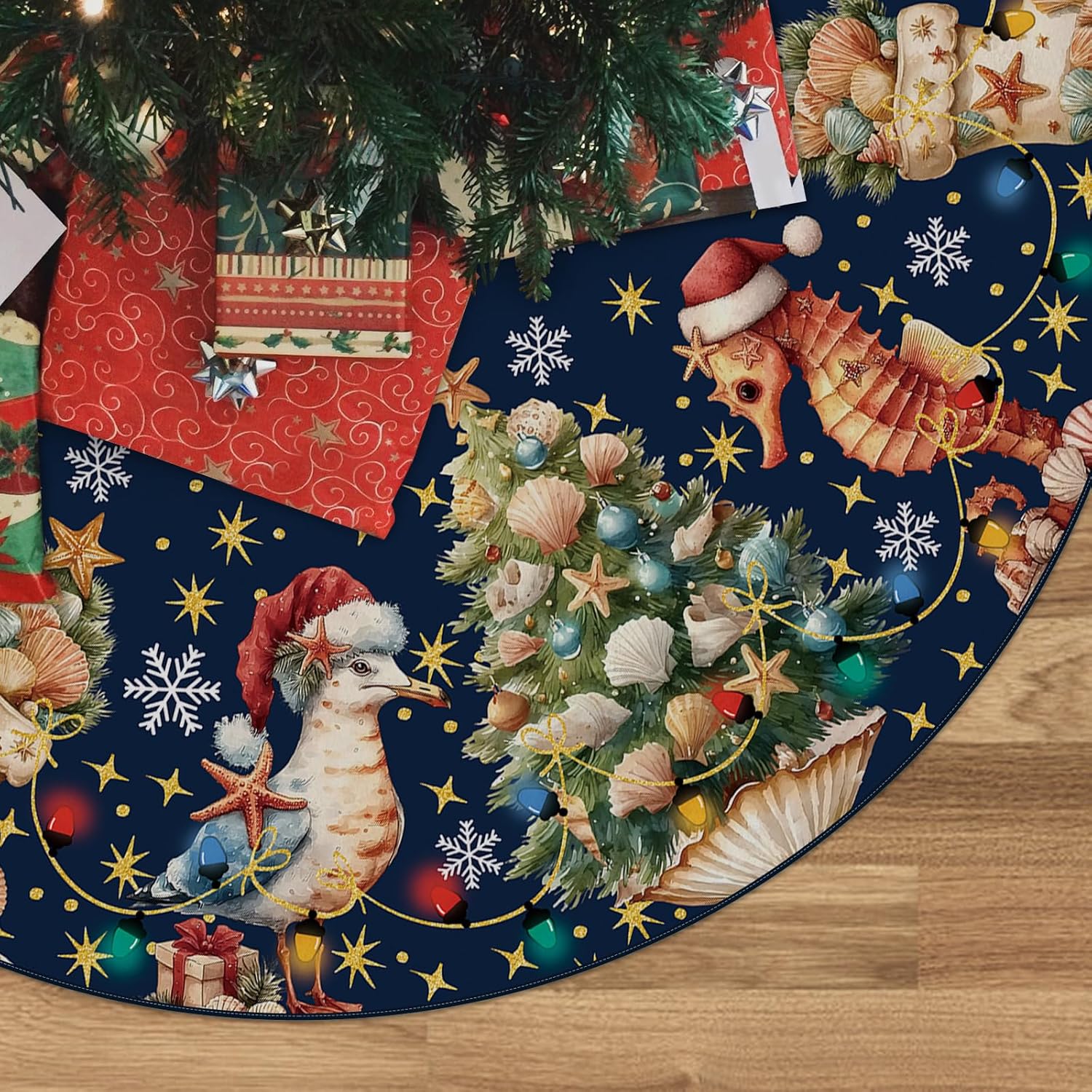 Christmas Tree Skirt Coastal Christmas Decor Beach Xmas Tree Mat 48 Inch Winter Christmas Decorations for Home