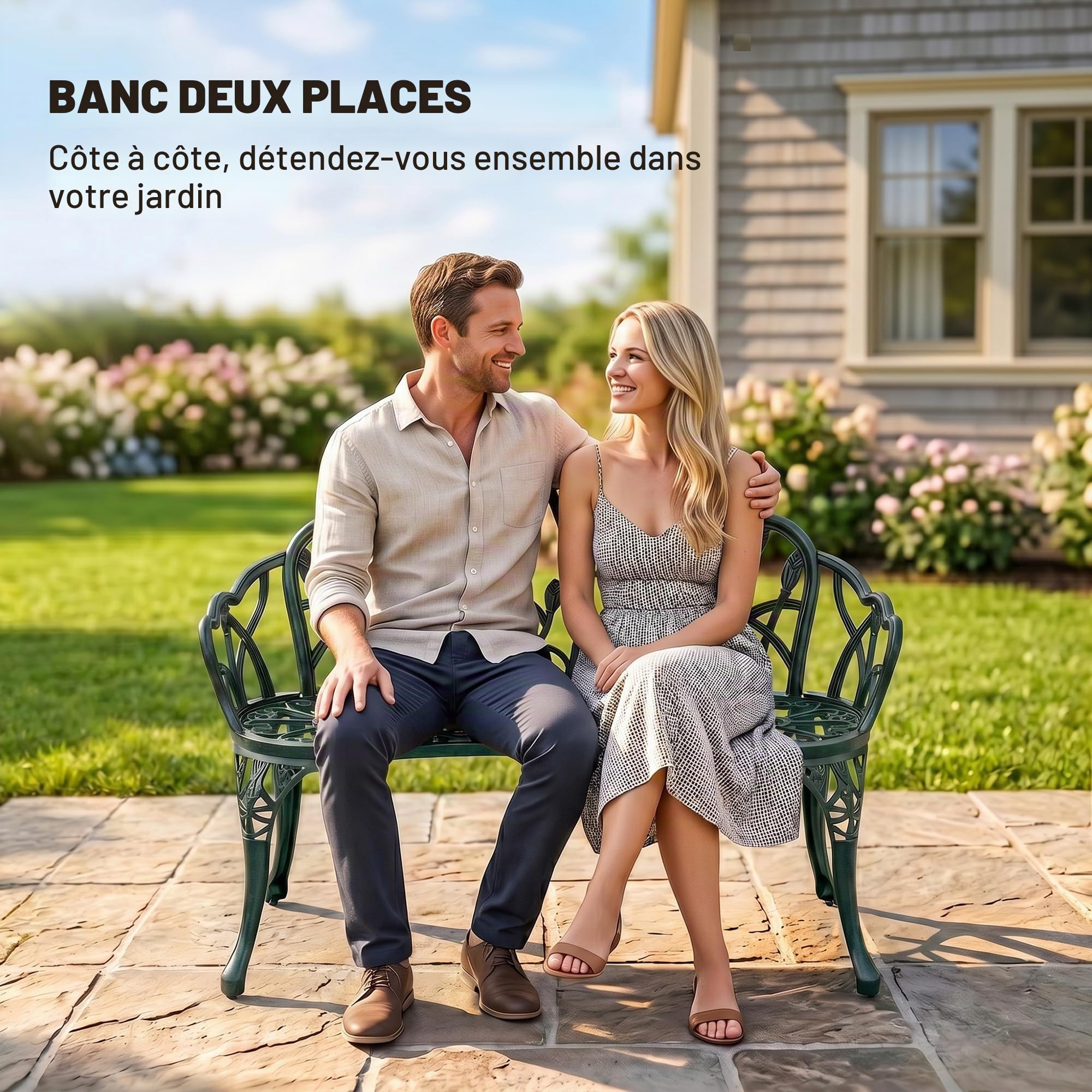 Outsunny Banc de Jardin en Aluminium Moulé 99 x 57 x 78 cm Vert Antique