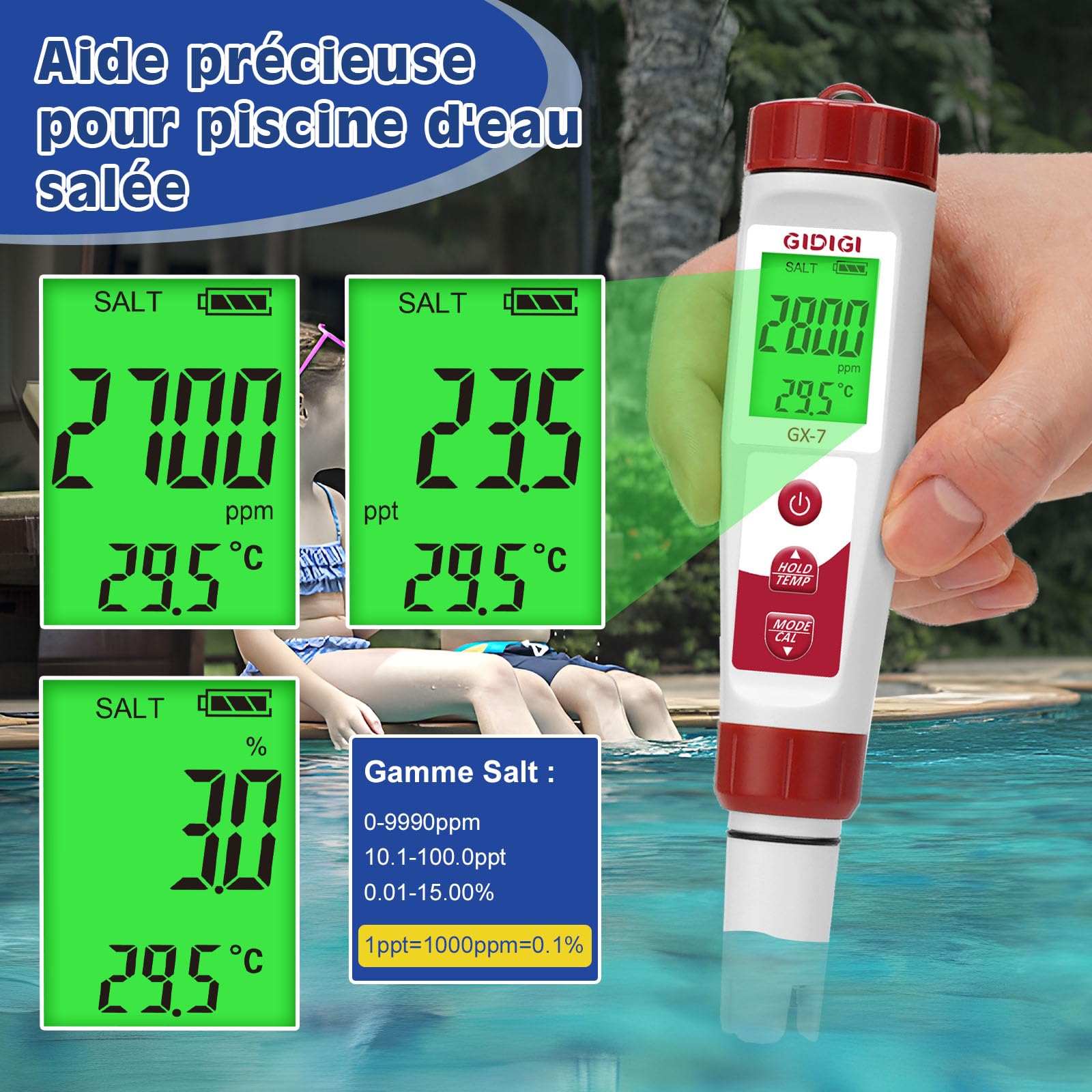 Testeur Eau Multifonction 7-en-1 : Piscine (Sel/Chlore/pH), Aquarium, Hydroponie. Mesure Salinité, ORP, Température, Conductivité Électrique, TDS
