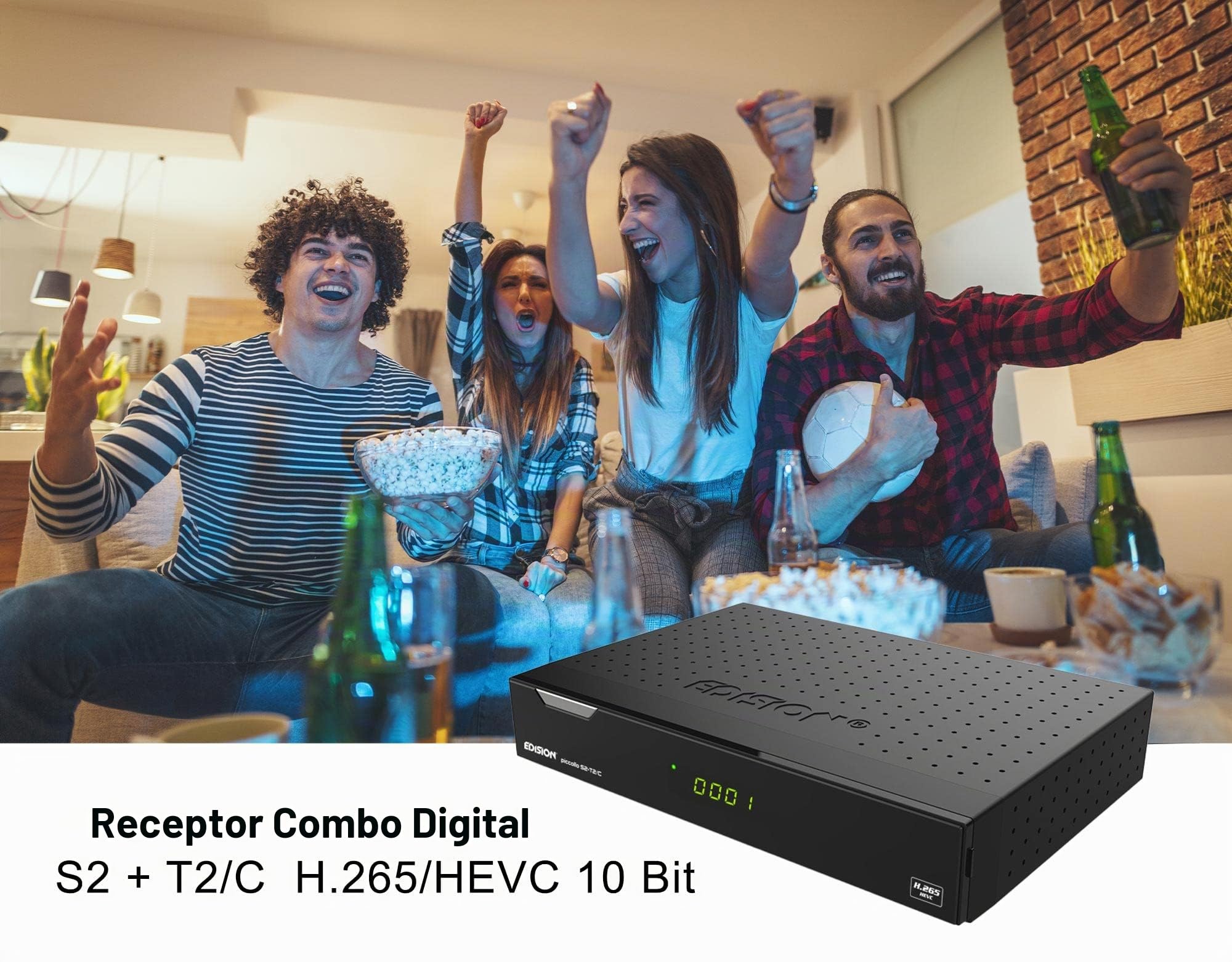 Edision Receptor combinado PICCOLLO S2+T2/C H.265/HEVC (DVB-S2, DVB-T2, DVB-C), CI Full HD USB negro, control remoto universal 2 en 1