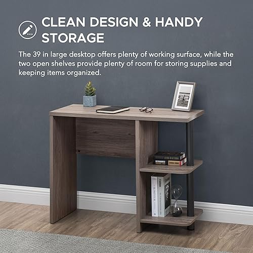 Miniatura 19 de Escritorio moderno para computadora de 47 pulgadas, estación de trabajo de diseño industrial con mesa de madera, marco de acero negro y estantes