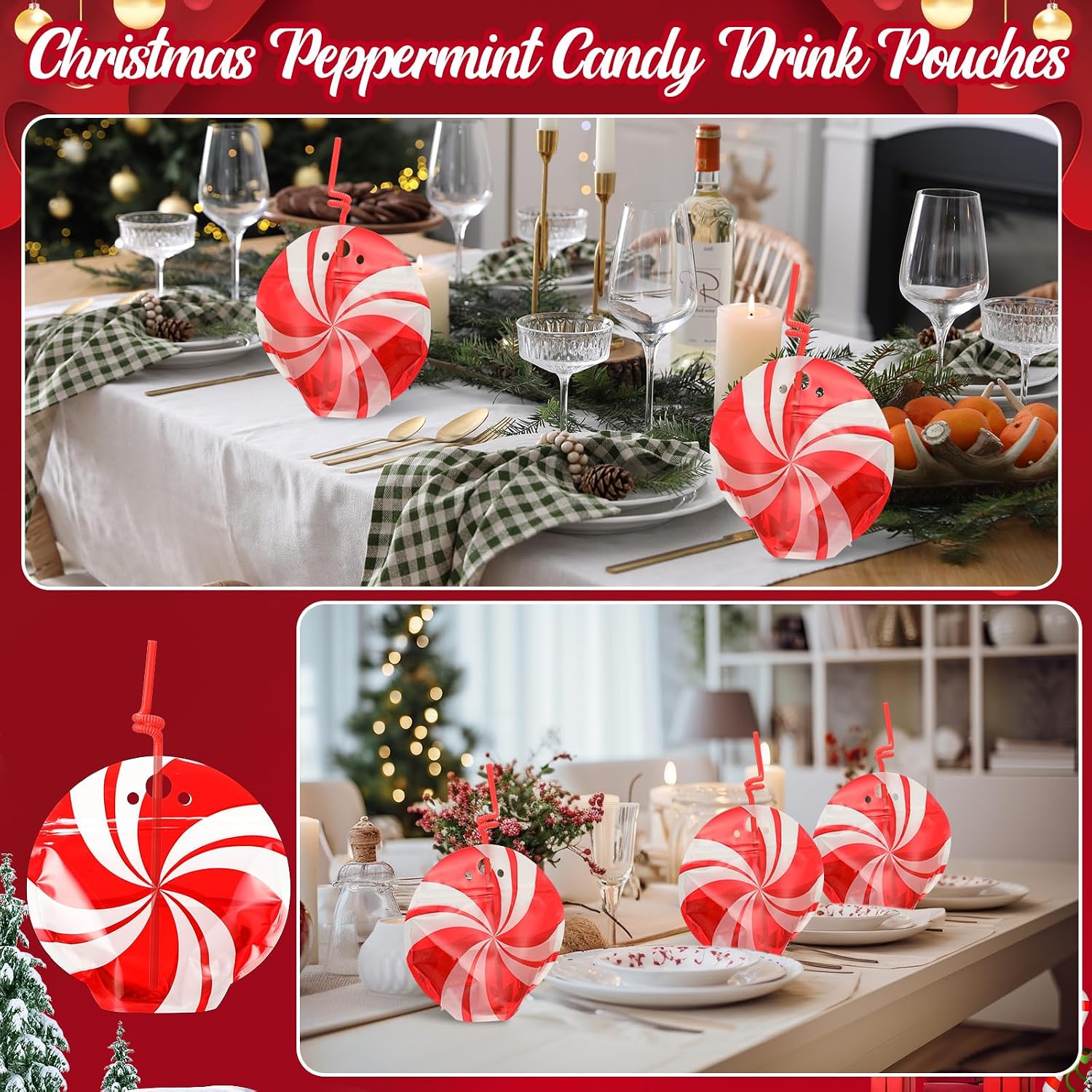 Jingmore 50 Set 8 oz Drink Pouches with Straws Heavy-duty Zipper Reclosable Liquor Smoothie Bags Cute Treat Packing Bags for Festive Parties DIY Gifts Daily Use(Candy,Red and White) image 4
