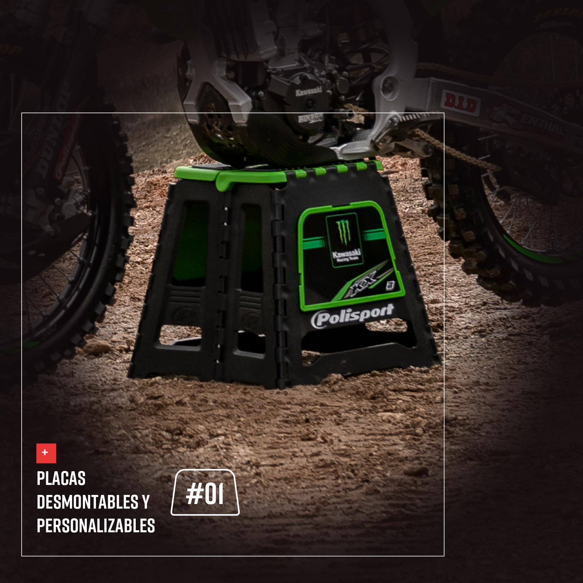 Polisport Off Road 8981500005 Caballete Plegable para Moto – Ligero, Motocross, Caballete Moto, Off-Road, Compacto, Portátil, 250 Kg, Podio Oficial FIM, Caballete Moto, Verde