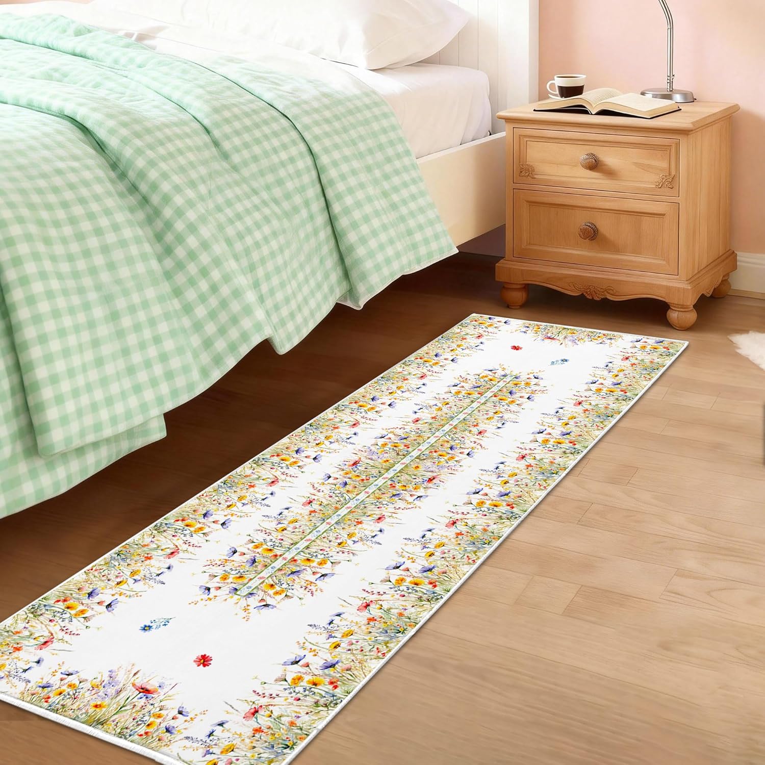 Washable Runner Rug 2x6, Floral Kitchen Mat - Faux Wool Non Slip Low Pile Spring Colorful Area Rugs for Floor Hallway Laundry Bedroom Holiday Decor