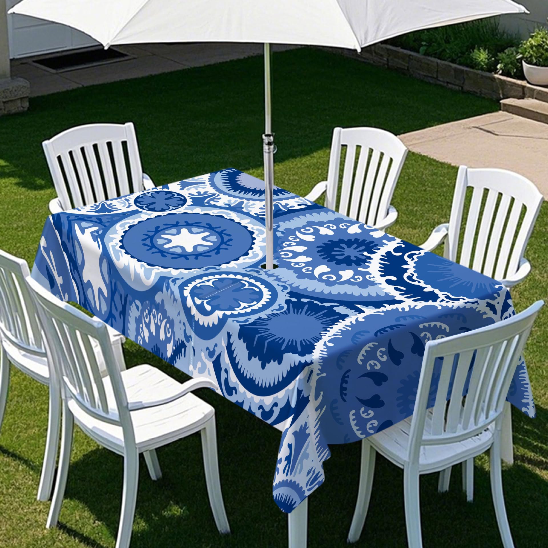 Chickwin Tovaglia Antimacchia Rettangolare Impermeabile da Esterno con Foro per Ombrellone 259x152cm Blu