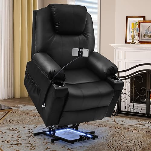 YITAHOME Recliner Chair with Phone Holder, Electric Power Lift Recliner Massage Sofa for Living Room, Home Theater Seating with Cup Holders and LED Lighting, Heated Recliner with Pockets, Black