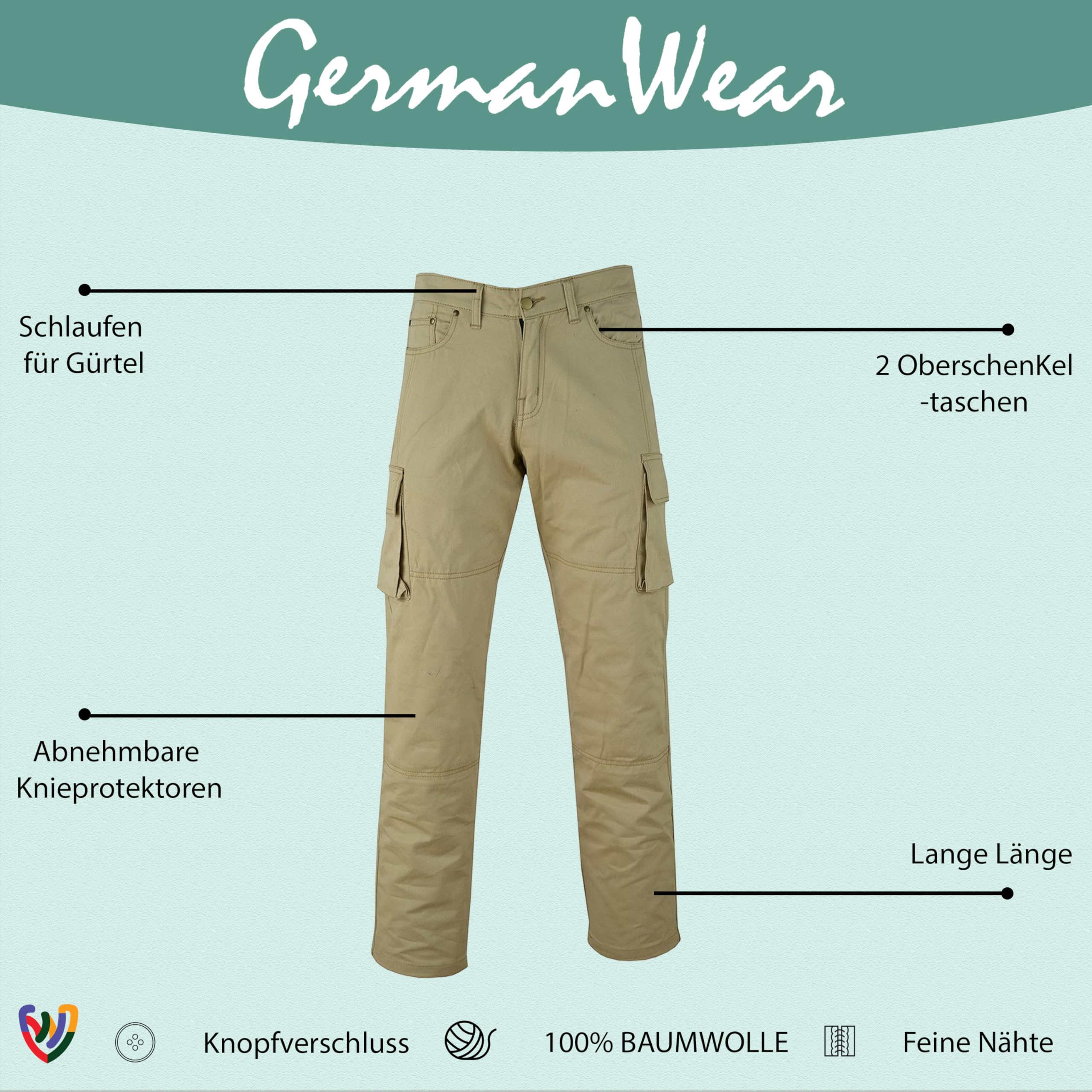 German Wear Motorradhose Herren Motorradjeans mit 2xCE-Protektoren - Bikerjeans Futter aus Aramid-Stoff verstärkt - Cargohose rutsch- & brandfeste Jeanshose mit 6 Taschen