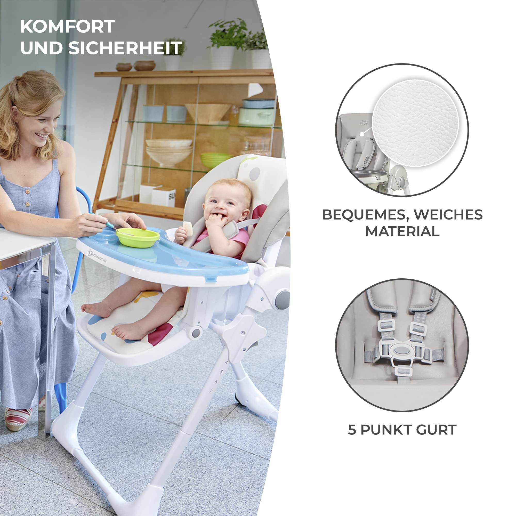 Kinderkraft YUMMY Hochstuhl, Kombihochstuhl, Babystuhl, PU-Bezug, Grau