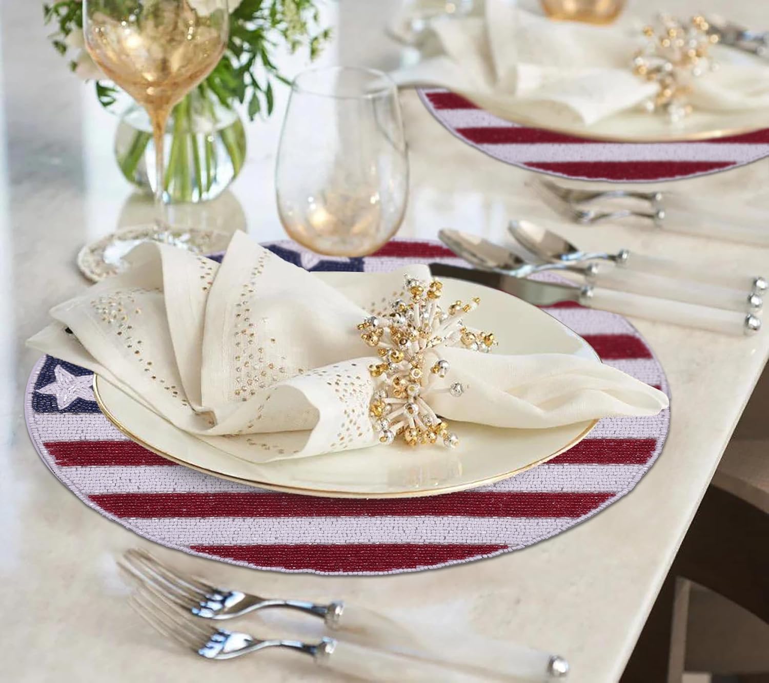 Decozen Patriotic Beaded Placemats - Set of 2-14 Inches - 4th of July American Flag Freedom Stars Independence and Memorial Day Table Place Mats for Holiday Kitchen Dining Table Home Decor