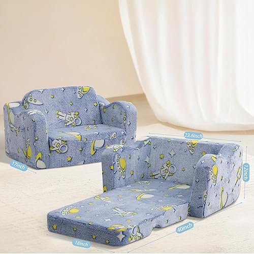 Miniatura 125 de MeMoreCool Sofá de dinosaurio para niños, silla plegable para niños pequeños, sofá cama convertible que brilla en la oscuridad, salón plegable para