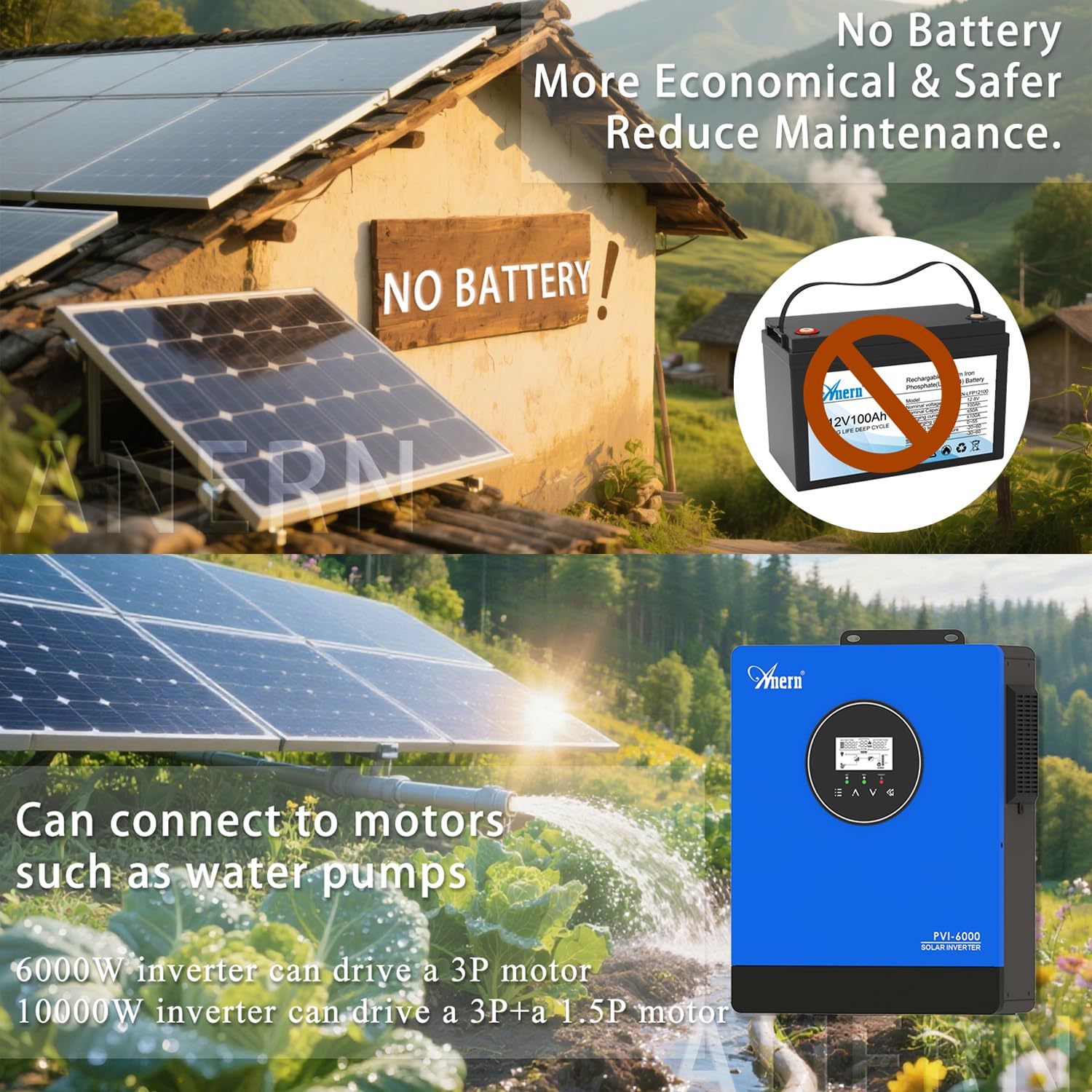 Anern Hybrydowy Falownik 10KW Zintegrowany 3 MPPT Nie Potrzebna bateria, Może Zasilać Silnik 1,5P+3P lub Pompę Wodną,Out-Network Falownik Słoneczny 220V-240VAC,Napięcie MPPT 60-450VDC