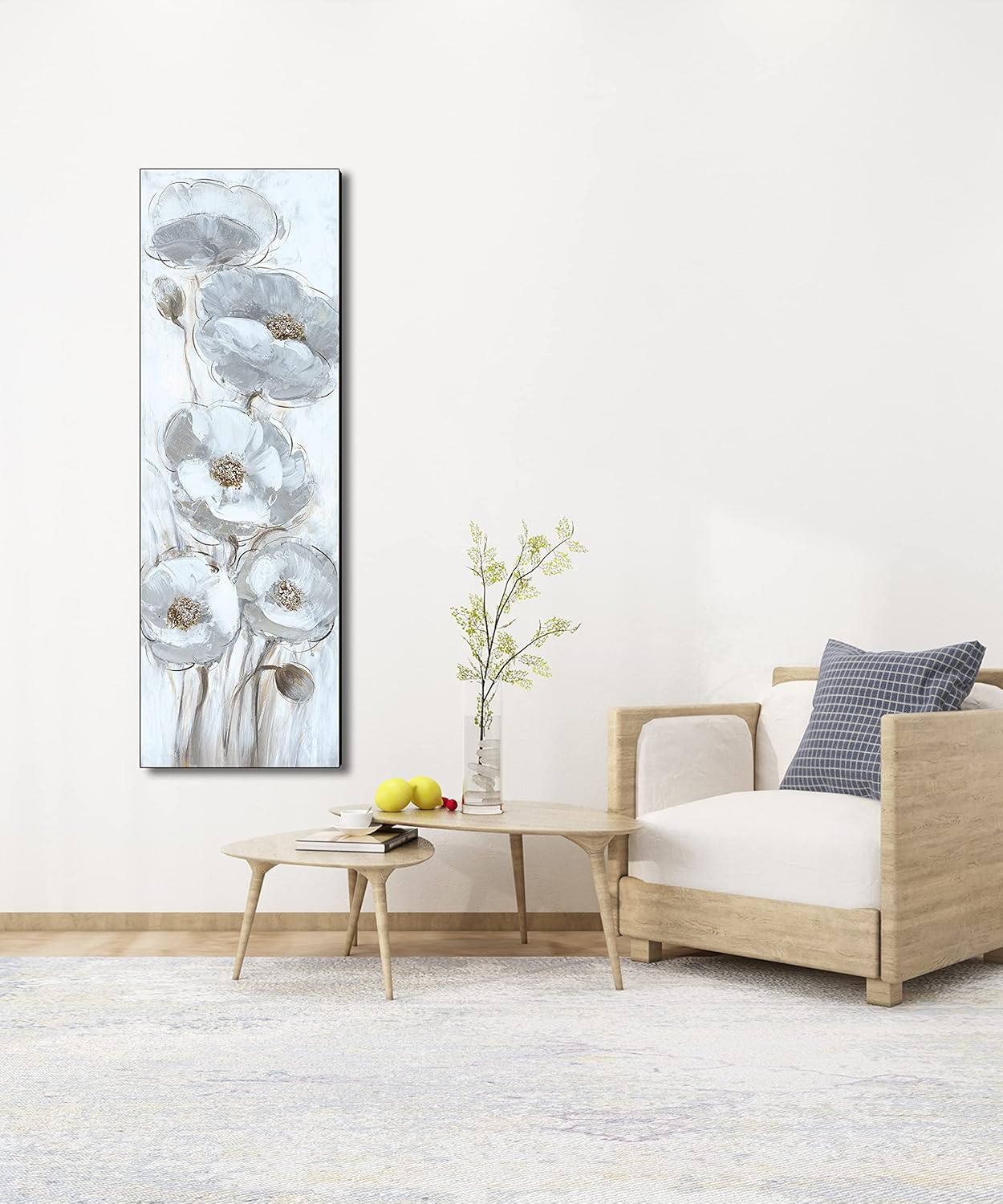 White Lotus flower canvas wall art living room flowers 3D abstract vertical scene hand-painted scenery oil painting printing bedroomoffice(40x120cm)Frameless 16x48inch(40x120cm)Frameless 16x48inch(40x120cm)Frameless White