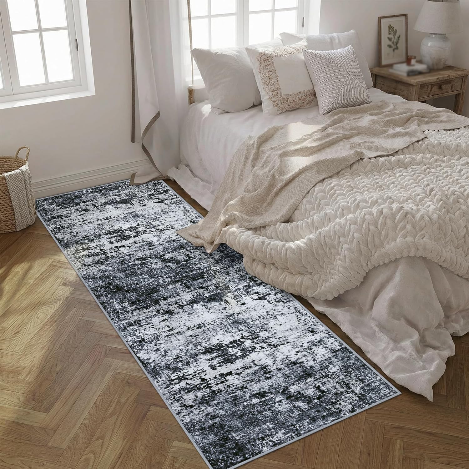 Alfombra de pasaje, Runner Rugs,80 x 260 cm, Abstracto Moderno Negro Blanco Gris,Alfombra Sofá Cama Dormitorio Deco Aesthetic Sofá Casa Oficina,