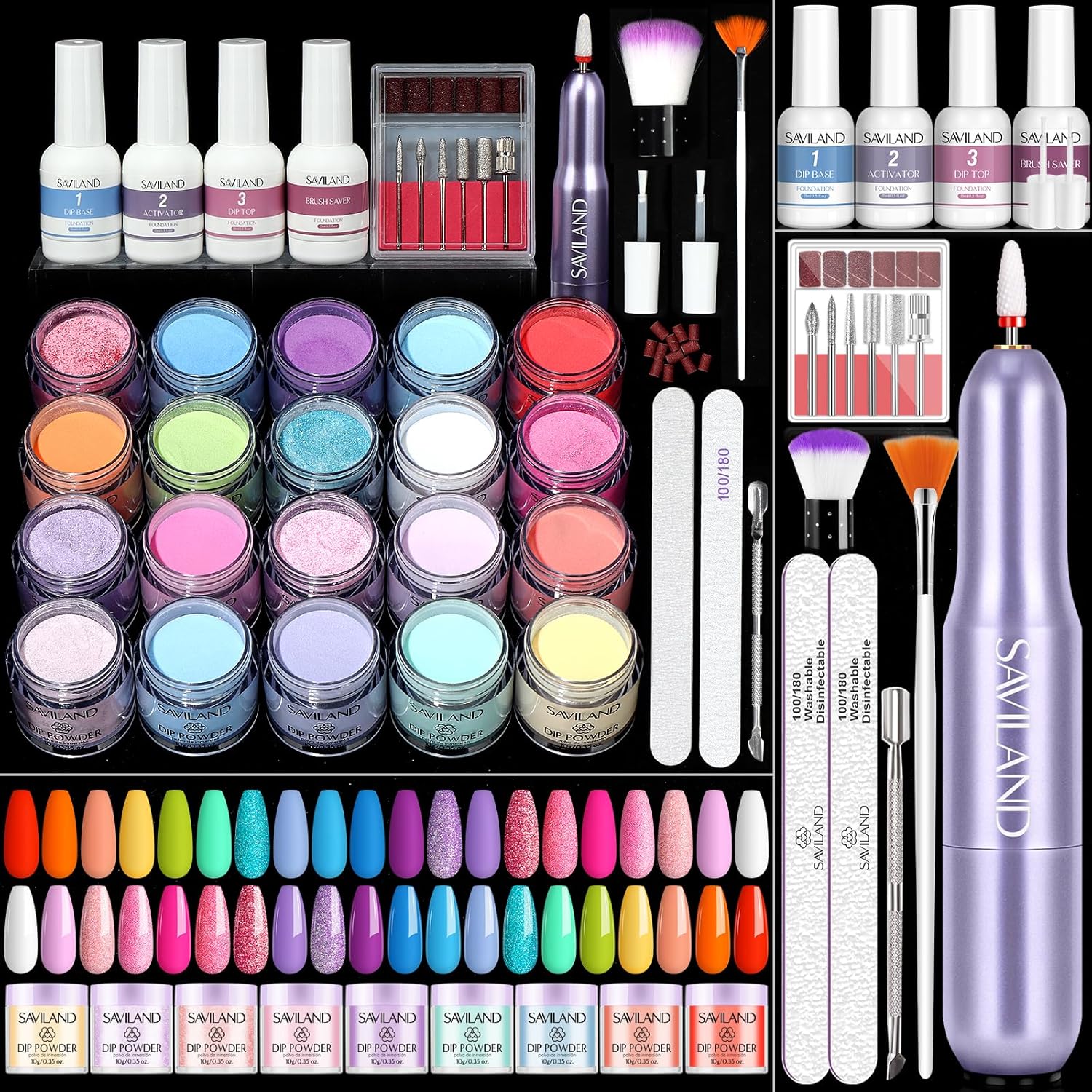 Saviland Dip Powder Liquid Set and 20 Colors Dip Powder Nail Kit with Drill - Dip Nails Powder Starter Kit with Everything Dip Powder Liquid Set Dipping System Base Top Coat Activator for Dip Manicure