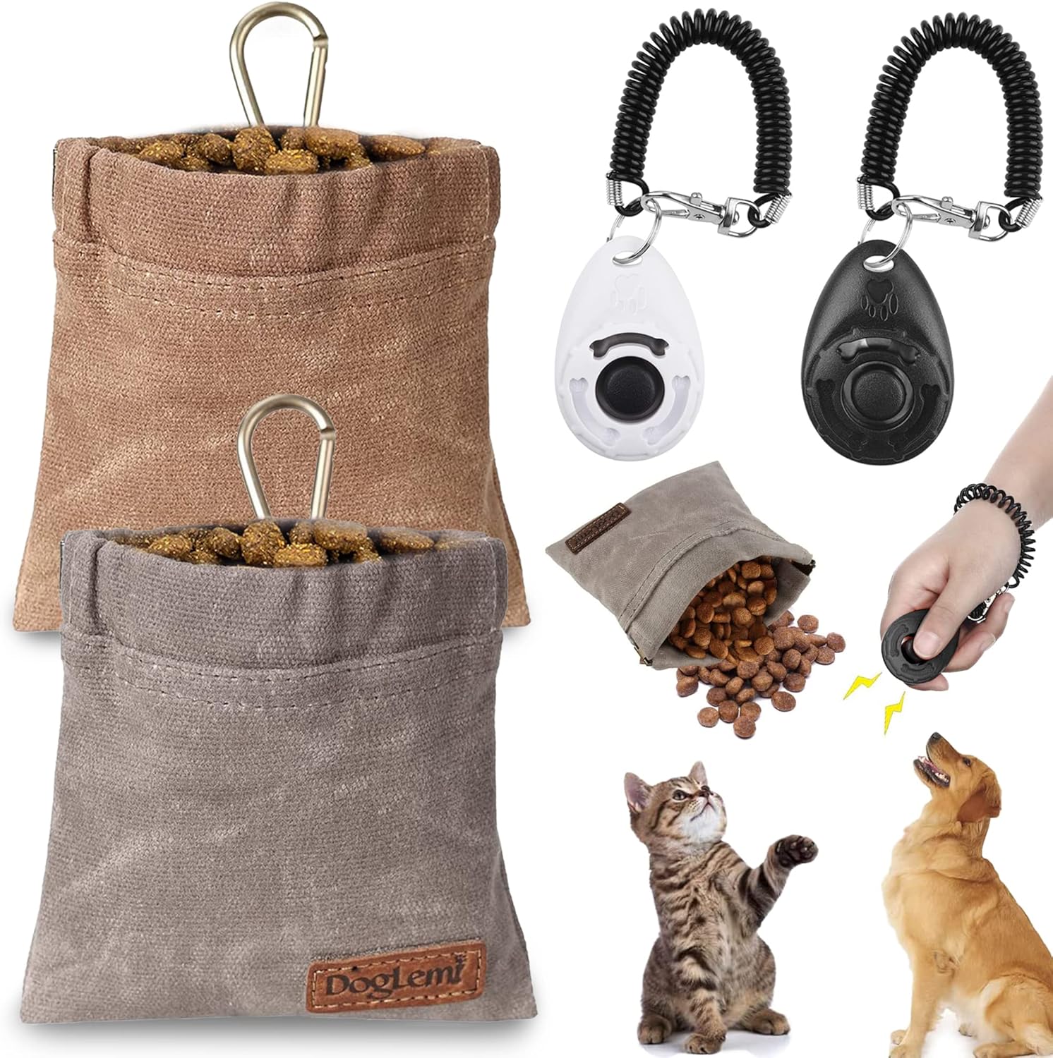 ZEXUPORIUM 2 Pcs Bolsa Premios Perro Adiestramiento con Clicker Perro, 12cm x 12cm Bolsa Chuches Perro con Mosquetón, Bolsa Entrenamiento Perro para Perros, Gatos, Caballos (Gris + Marrón)