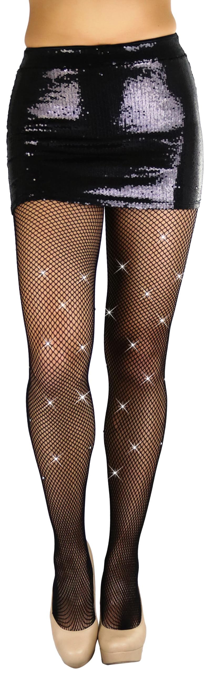 ToBeInStyle - Medias de red con brillantes para mujer - Negro - Talla única