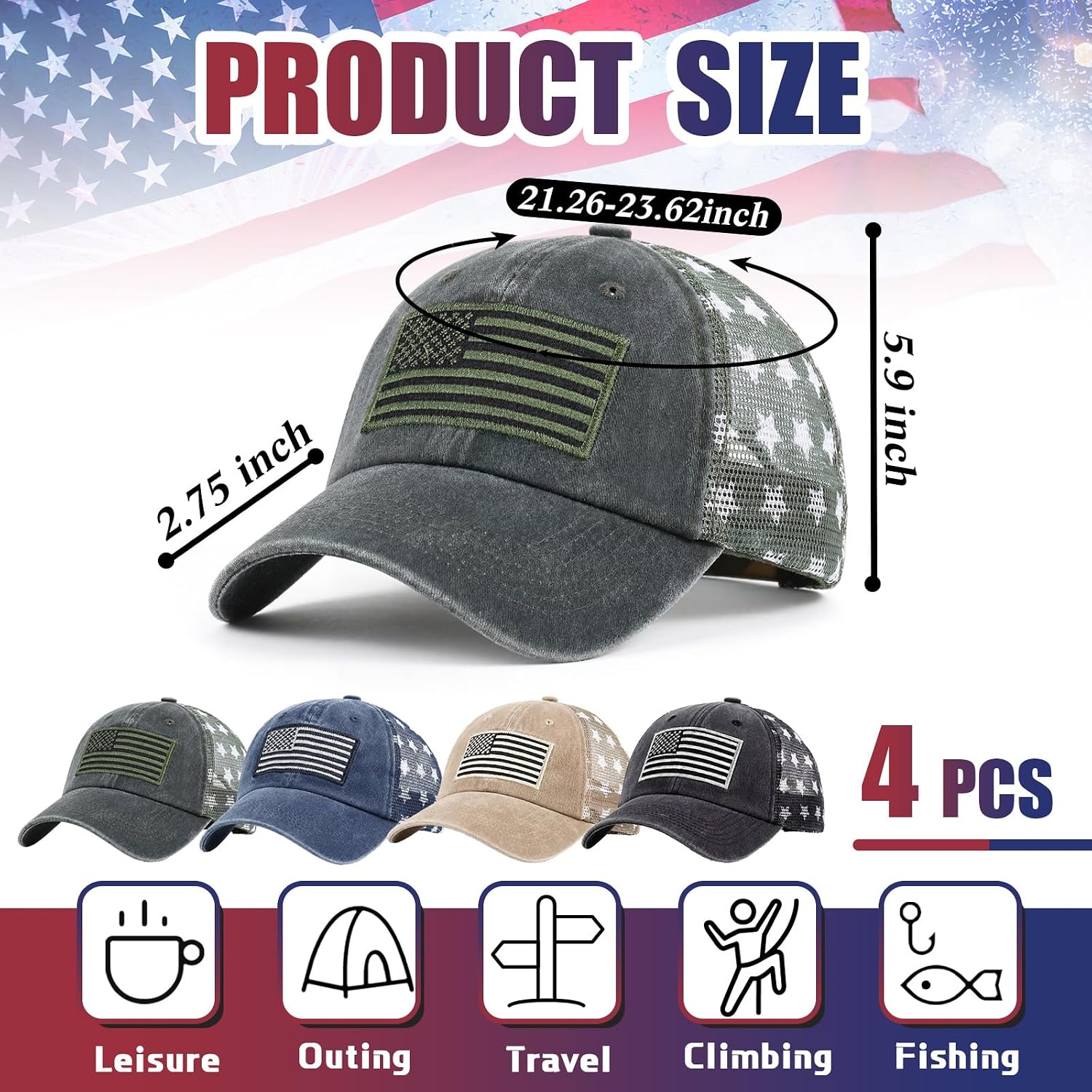 Jecery 4 Pcs American Flag Baseball Cap for Men Women 250th Anniversary Patriotic Hats Vintage USA Adjustable Breathable Mesh