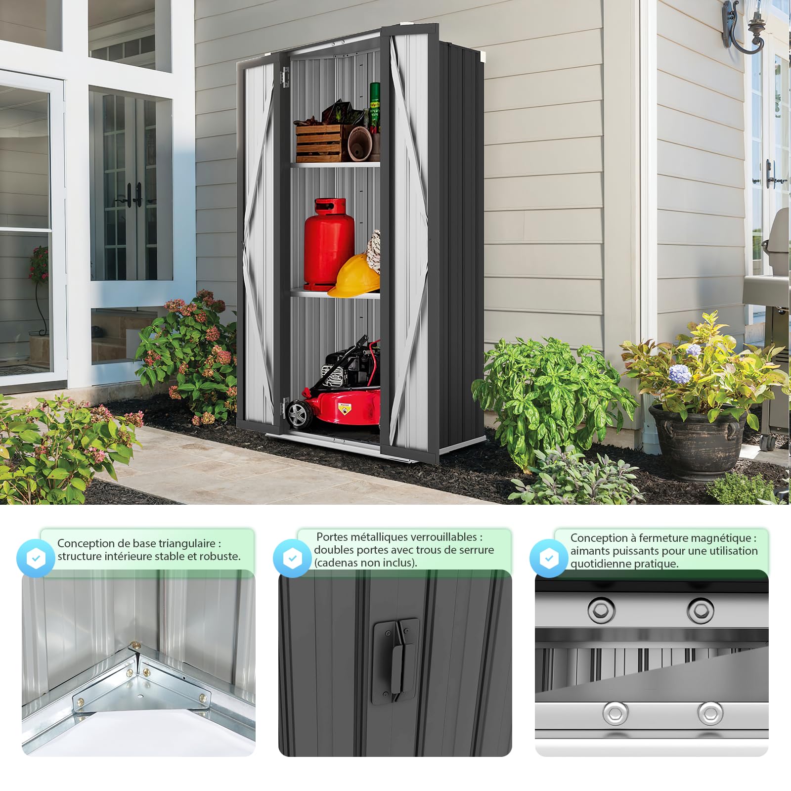 YODOLLA Armoire de Rangement Extérieure à 3 Niveaux,Abri de Jardin Métal