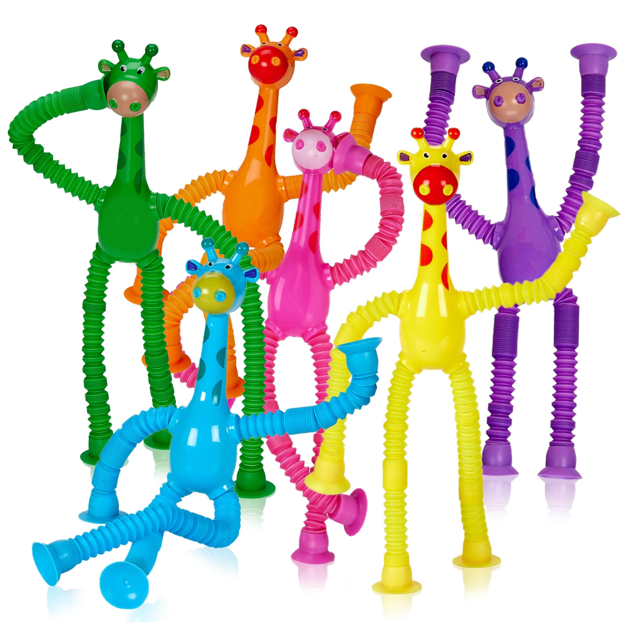 Telescopic Suction Cup Giraffe Toys for Toddler Restaurant Dinner Table Activities, Stretchy Animal Pop Tubes with LED Lights, Telescopic Sensory Toys for Kids with Autism Anxiety Ages 3 4 5 | 6 Pack