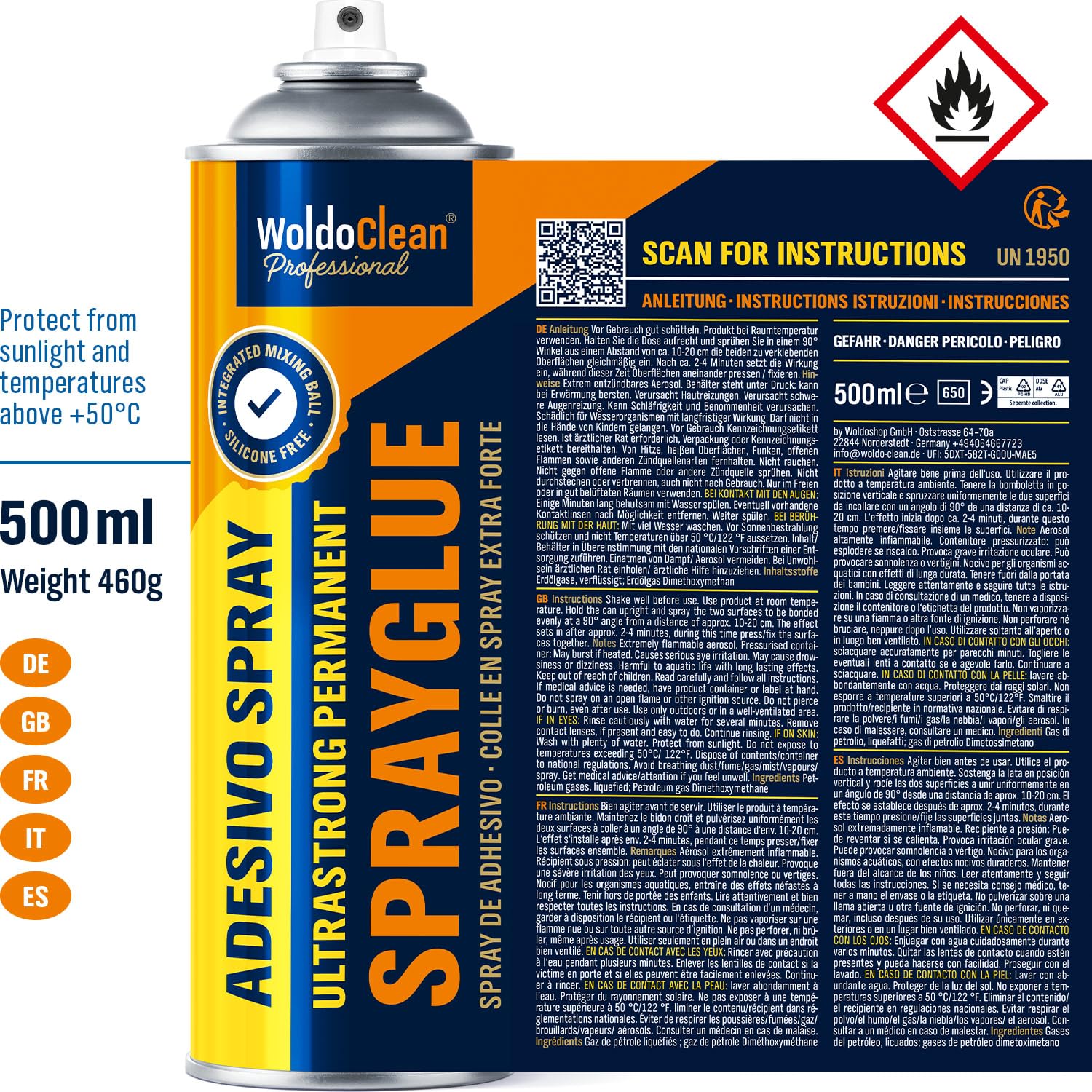 WoldoClean Klej w Sprayu do Tapicerki Sufitowej & Pianki - 3 x 500ml Spray Klejący Ekstra Mocny, Odporny na Ciepło & Transparentny, Szybkoschnący, Idealny do Tkanin, Filcu, Skóry & Tapicerki