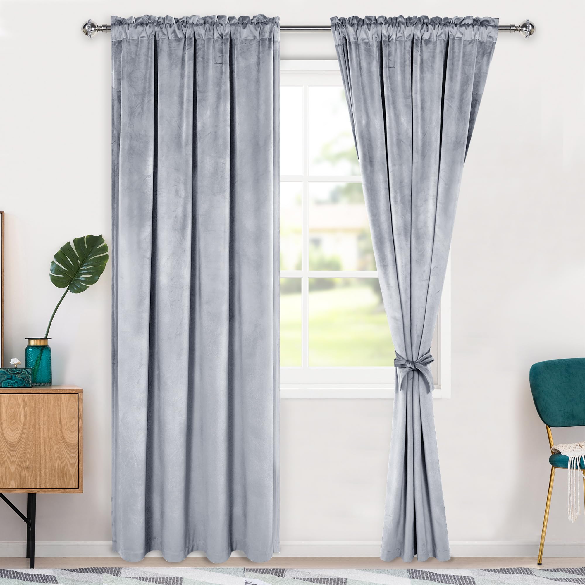 Rideaux occultants en velours gris argenté 107x213 cm avec embrasses pour salon