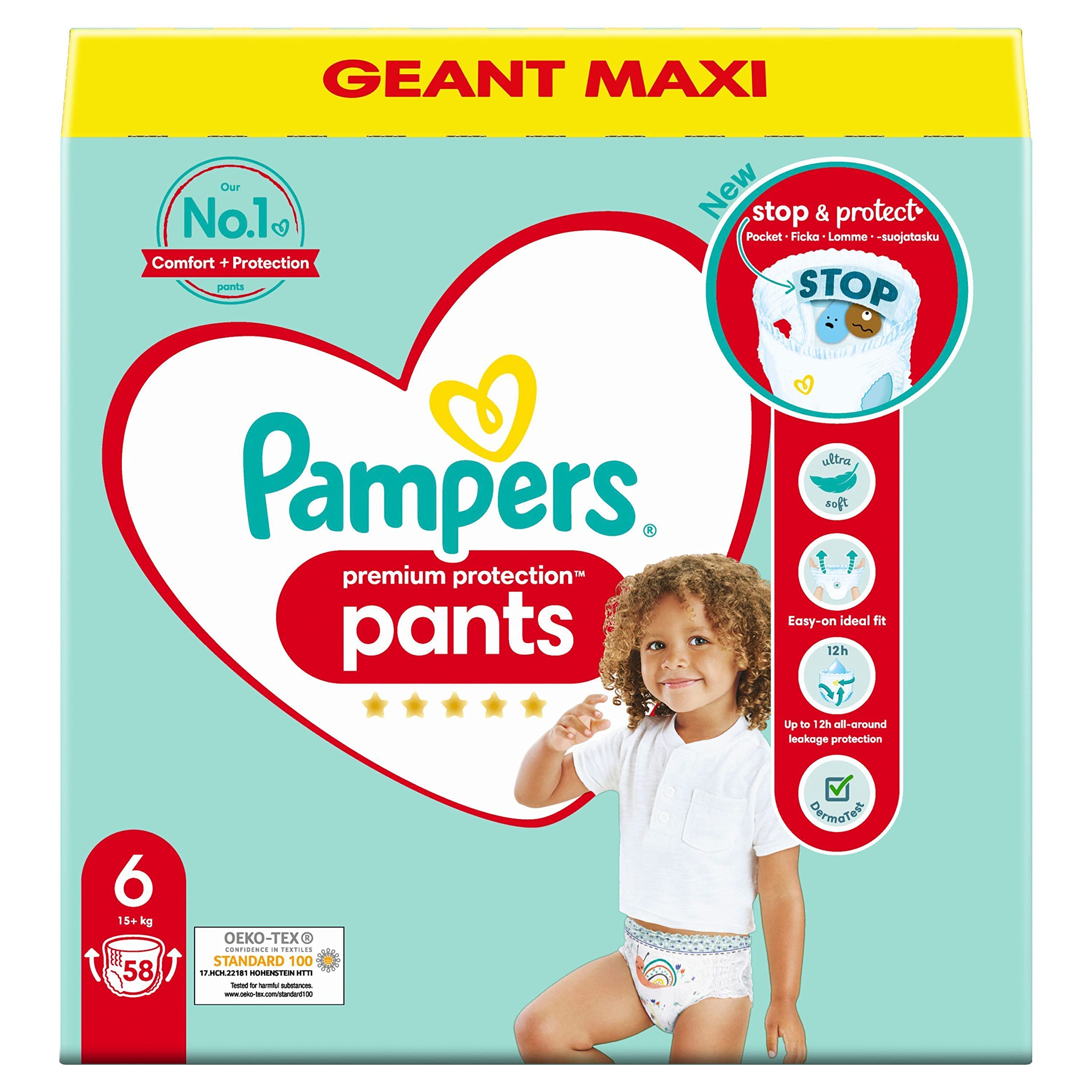 Pampers Protección premium Pañales Pantalones Talla 6, 58 Pañales Pañales, 15 kg+, el mejor confort y protección con pañales para pantalones