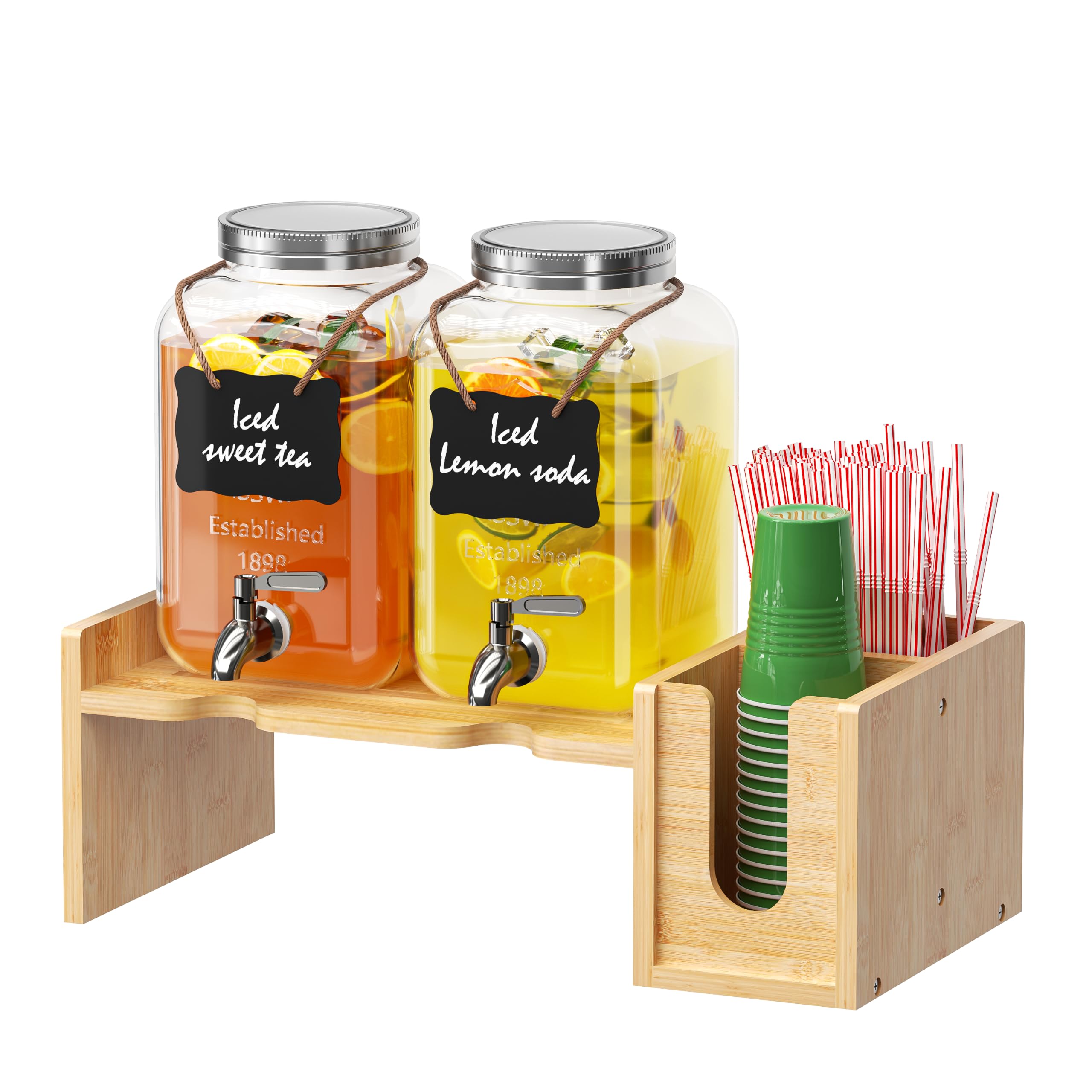 Getränkespender aus Glas mit Bambusständer, Glasspender mit Zapfhahn für Partys, Saftspender mit Eiskern, Kreidetafel-Etiketten, Tassen- und Strohhalmhalter, 2 Stück