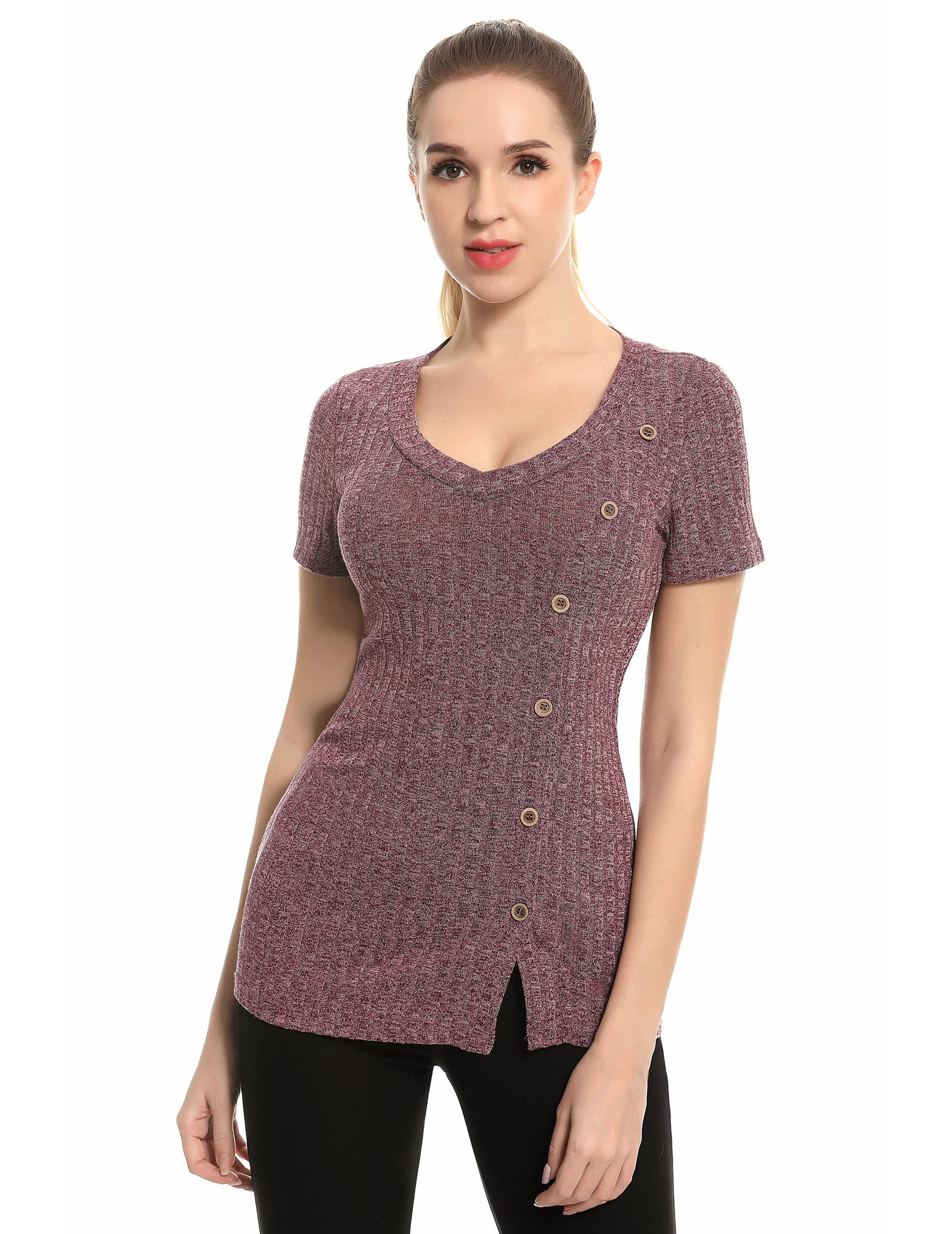 AmélieBoutikAmlieBoutik Women V Neck Embellished Button Short Sleeve Knit Top