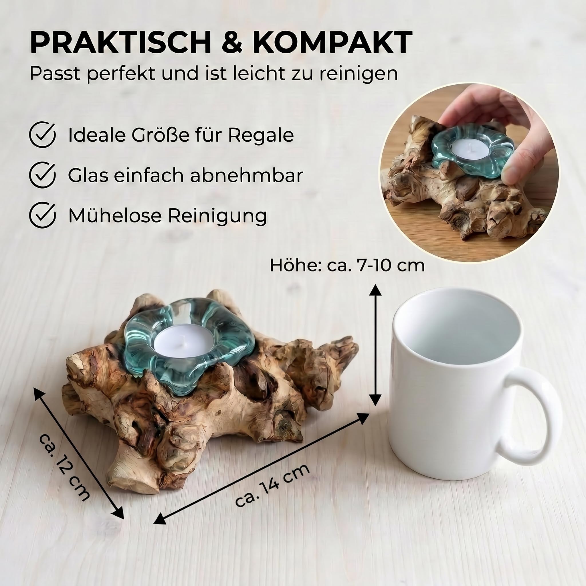 Handgefertigter Teelichthalter aus Glas auf Wurzelholz als Geschenk-Idee zur stilvollen Tisch-Deko Holz Teelicht 1