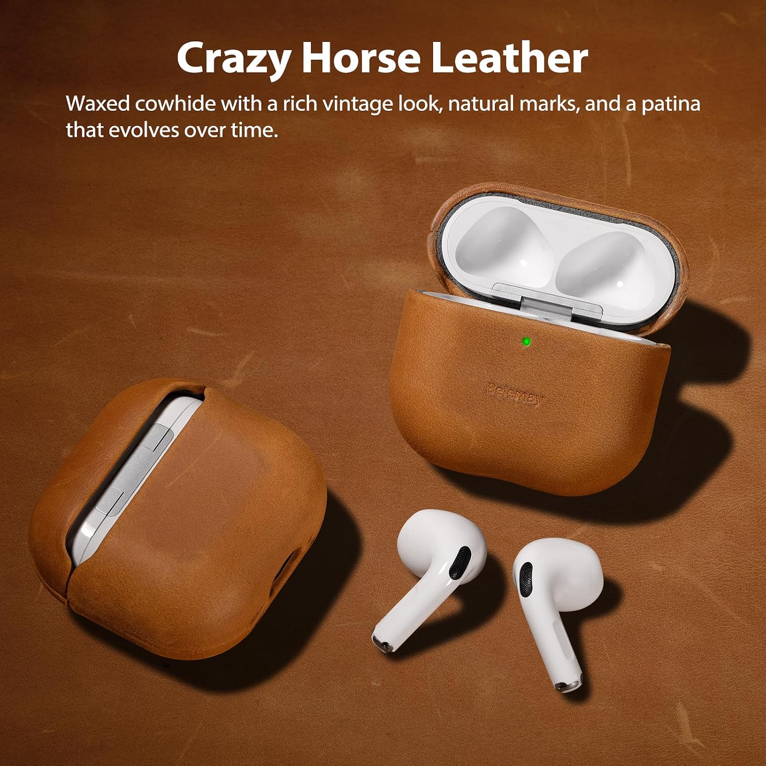 Belemay Handcrafted Crazy Horse Leather Case for AirPods 4 (2024), Vintage Aesthetic, Two-Tone Effect, Unique Patina, Compatible with MagSafe, Compatible with Airpods 4th Gen, Sunset Tan