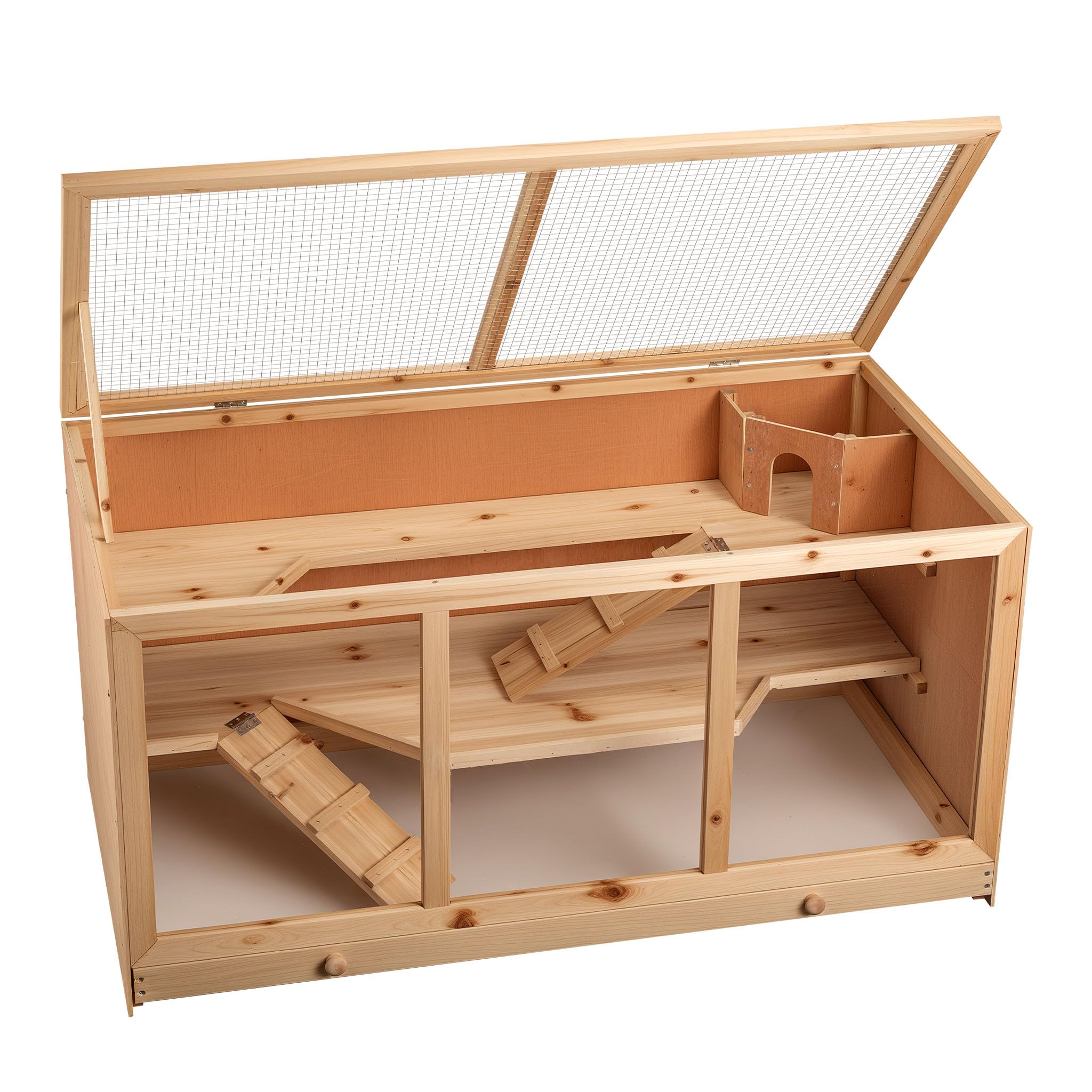 Wooden Hamster Cage 115x60x58cm with 3 Floors, Acryl Glass Front & Hinged Cover for Rodent, Mice etc