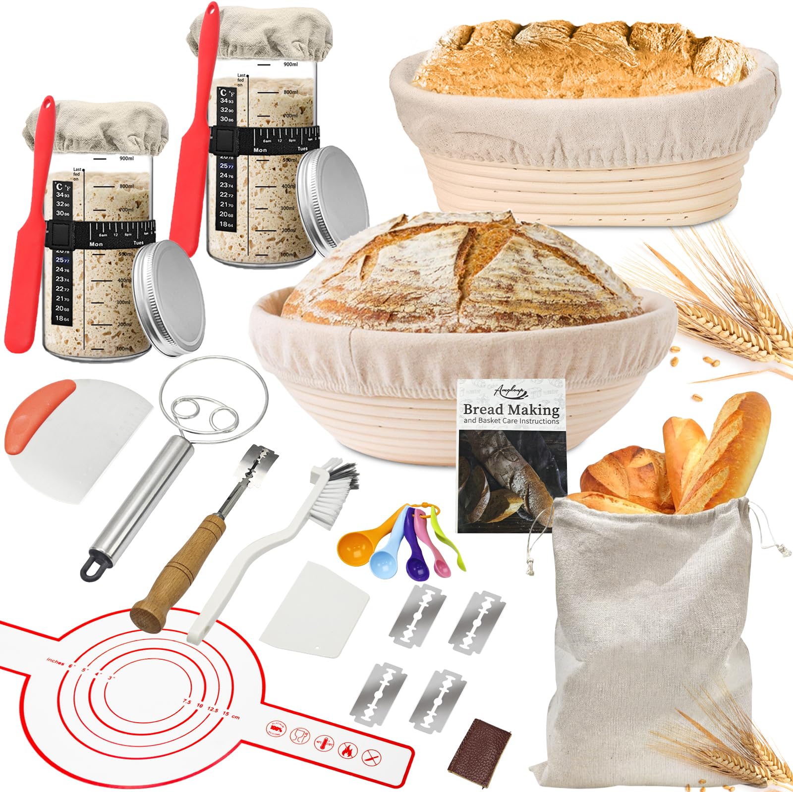 Sauerteig-Brot-Backzubehör-Set – Inkl. Gärkörbe, Starter-Glas, Schaber, Thermometer & Mehr (22 Teile)