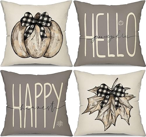 Fundas de almohada de otoño de 18 x 18 pulgadas, juego de 4 fundas de almohada de calabaza y hojas de arce con texto en inglés "Hello Pumpkin Happy