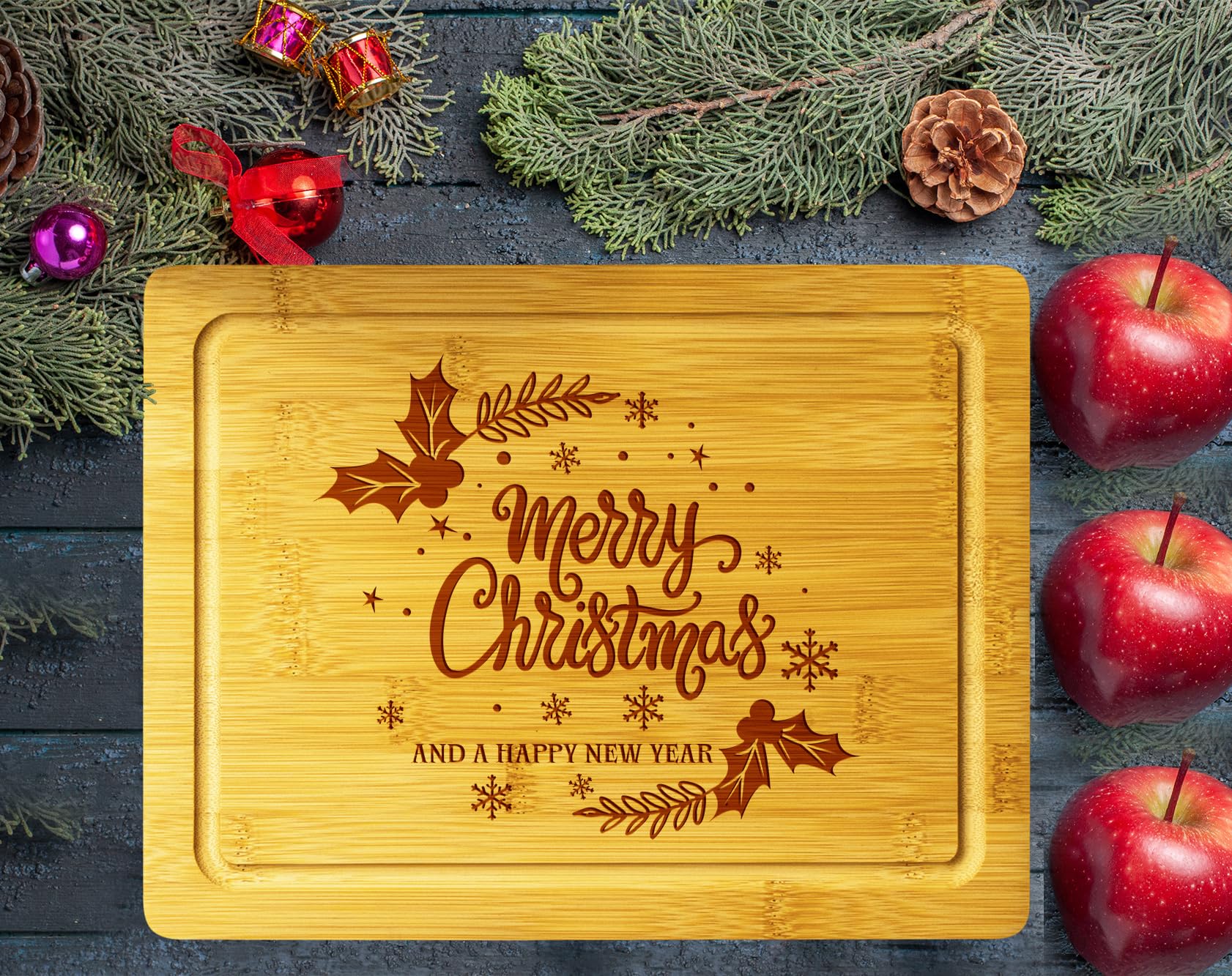 Christmas Themed Wood Cutting Board - Unique Christmas 2024 Gift For Kitchen - Decorative Christmas Serving Tray