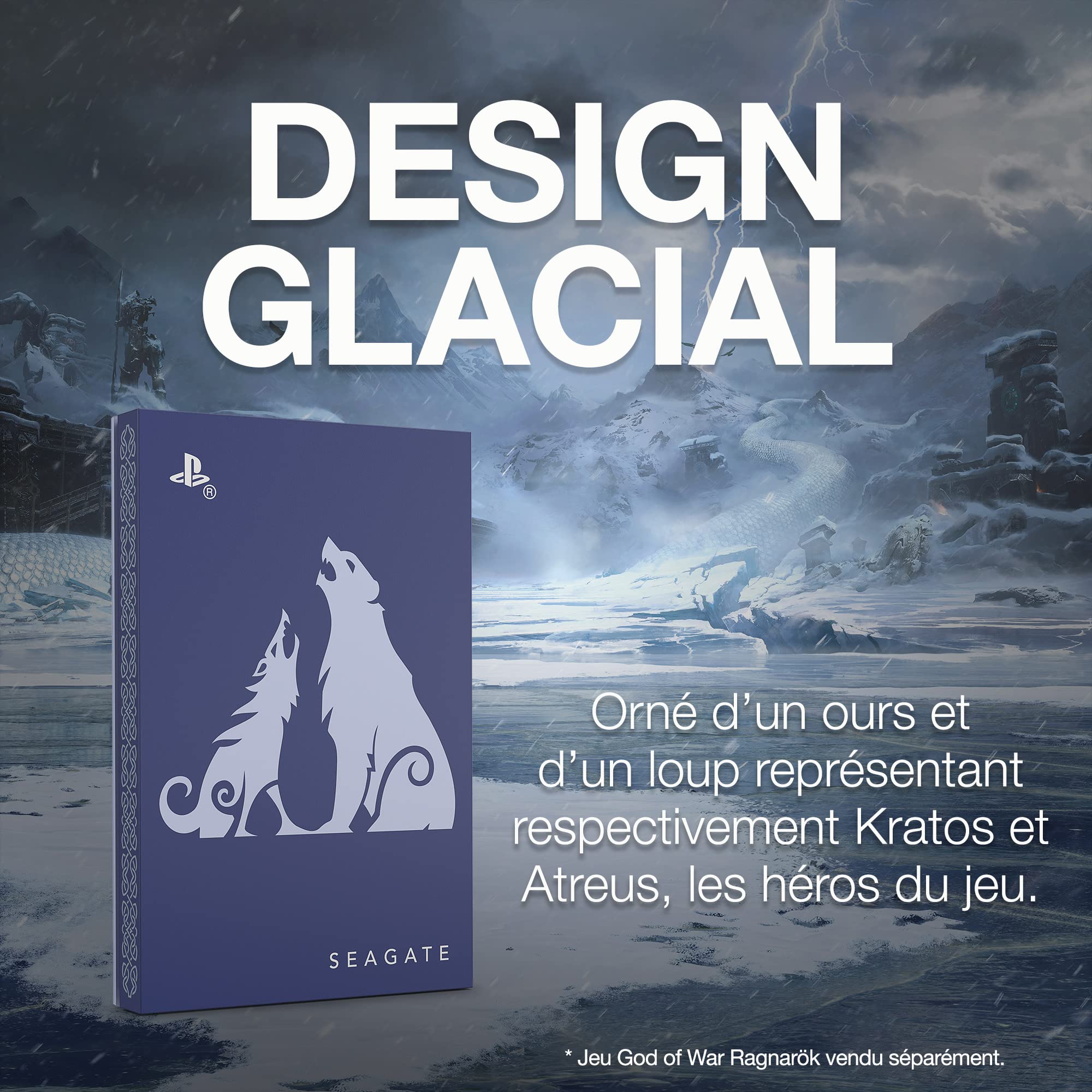 Seagate God of War Ragnarök Game Drive en édition limitée, 2 To, Disque dur externe - USB 3.0, éclairage LED bleu glacier, sous licence officielle pour les consoles PlayStation (STLV2000200)