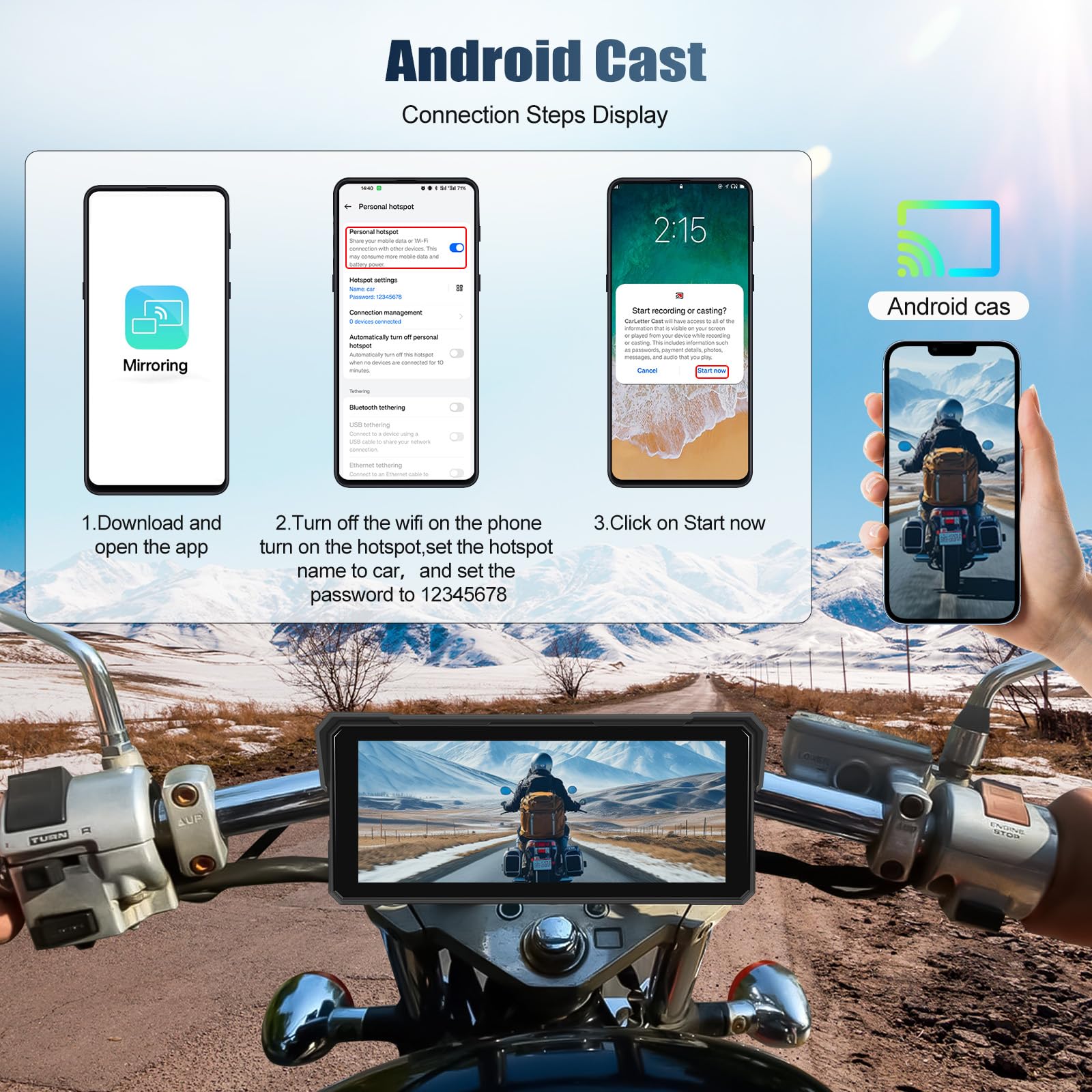 CAMECHO Écran Moto 8.1 Pouces HD IP68 Dash Cam, CarPlay/Android Auto sans Fil, Mirroring iOS/Android &Bluetooth | Support Vertical Universel avec Fonds d’Écran