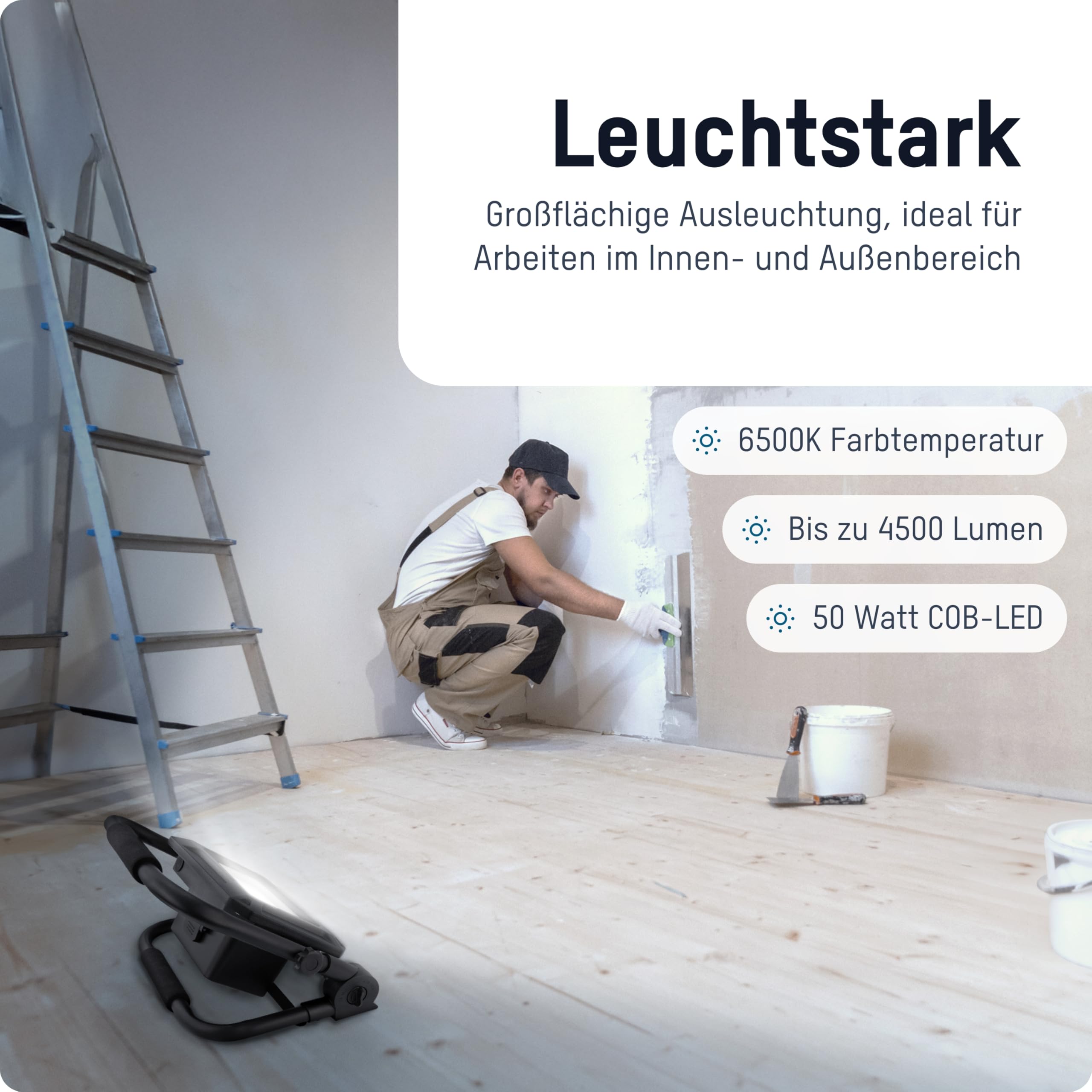 ANSMANN LED Arbeitsleuchte, kompatibel mit 18V Akkupacks, inkl. Adapterplatten für Bosch, Makita, Milwaukee/Dewalt, robuster Baustrahler für Werkstatt, Baustelle 50 Watt, 3 Helligkeitsstufen