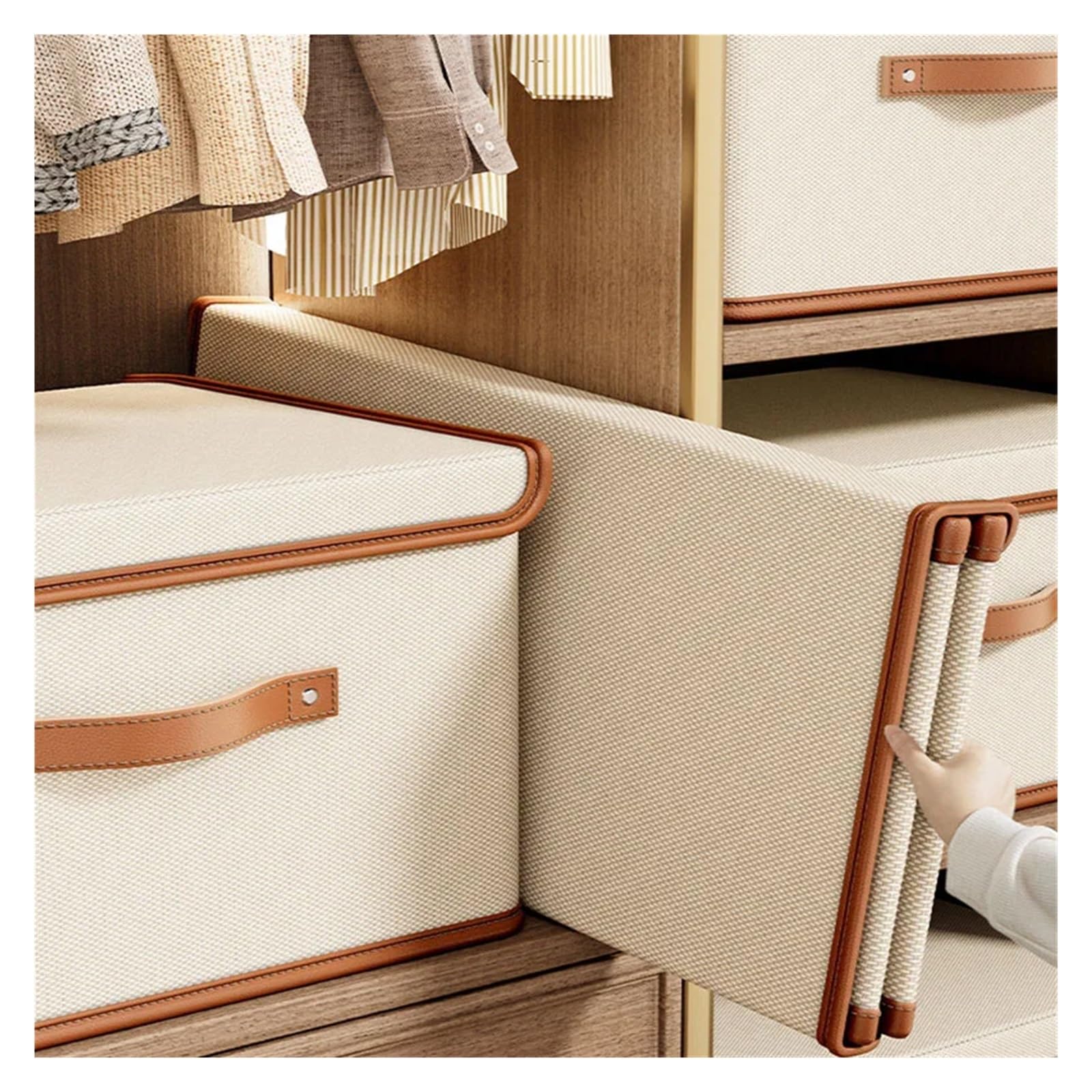 scatola di stoccaggio pieghevole Grande contenitore portaoggetti con coperchio integrato in tessuto Oxford, cestino for la camera da letto in tessuto(Rice white 37x27x26)