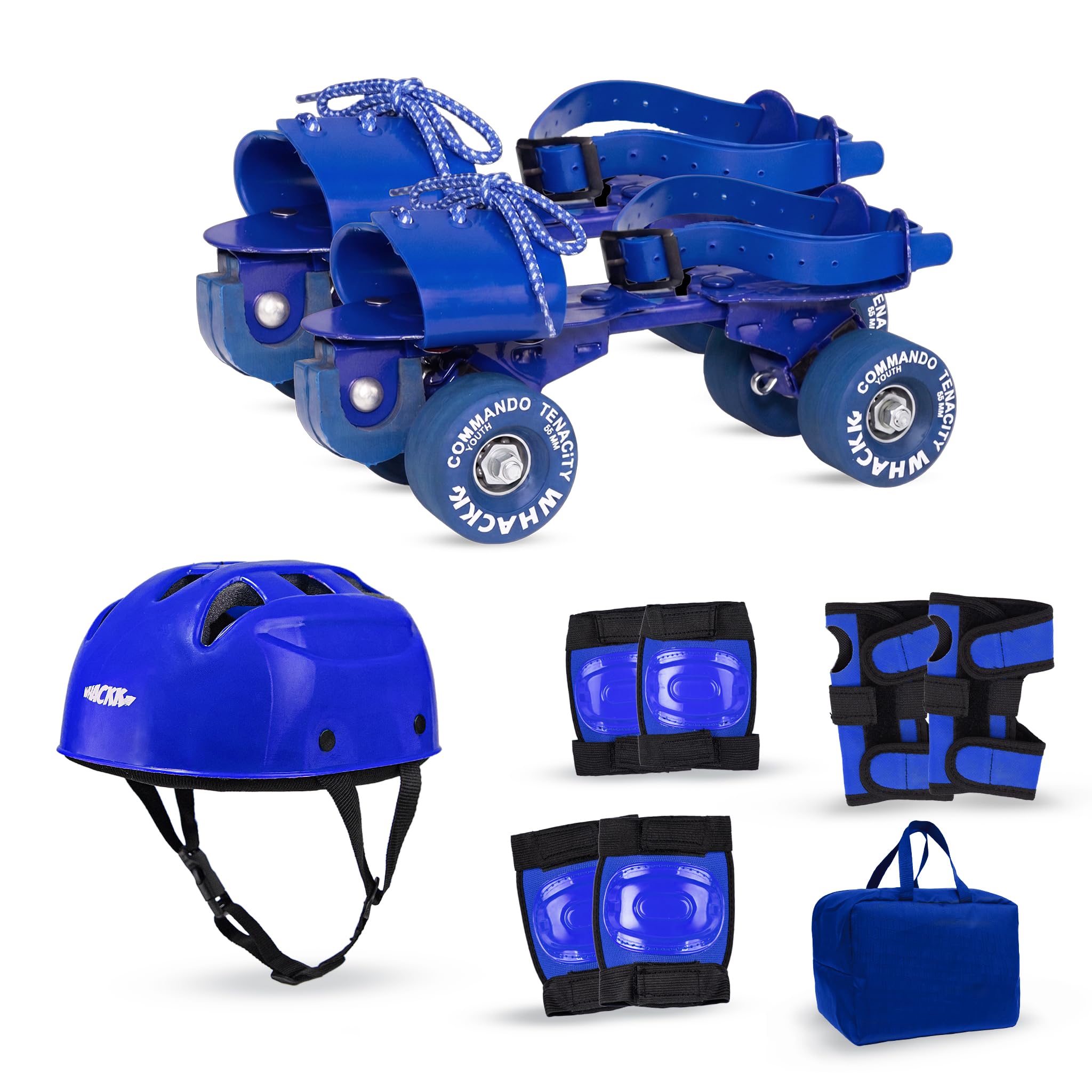 WHACKK Tenacity Adjustable Quad Roller Skates Combo for 6-15 Years (Skates+Helmet+Knee Guards+Elbow Guards+Carry Bag)| 55 mm | Ball Bearing| Secure Buckles & Lace System (Blue, Senior, Commando)-image-18