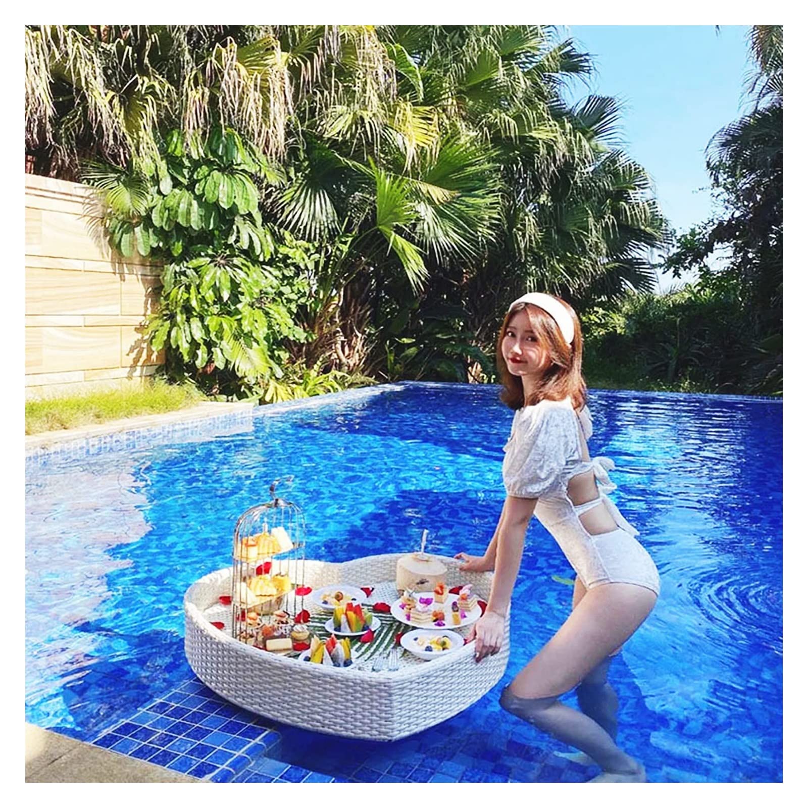 Luxuriöses schwimmendes Serviertablett für Pools, DIY-Schwimmtablett, schwimmendes Serviertablett aus herzförmigem Rattan, Schwimmbecken für Sandbänke und Spas