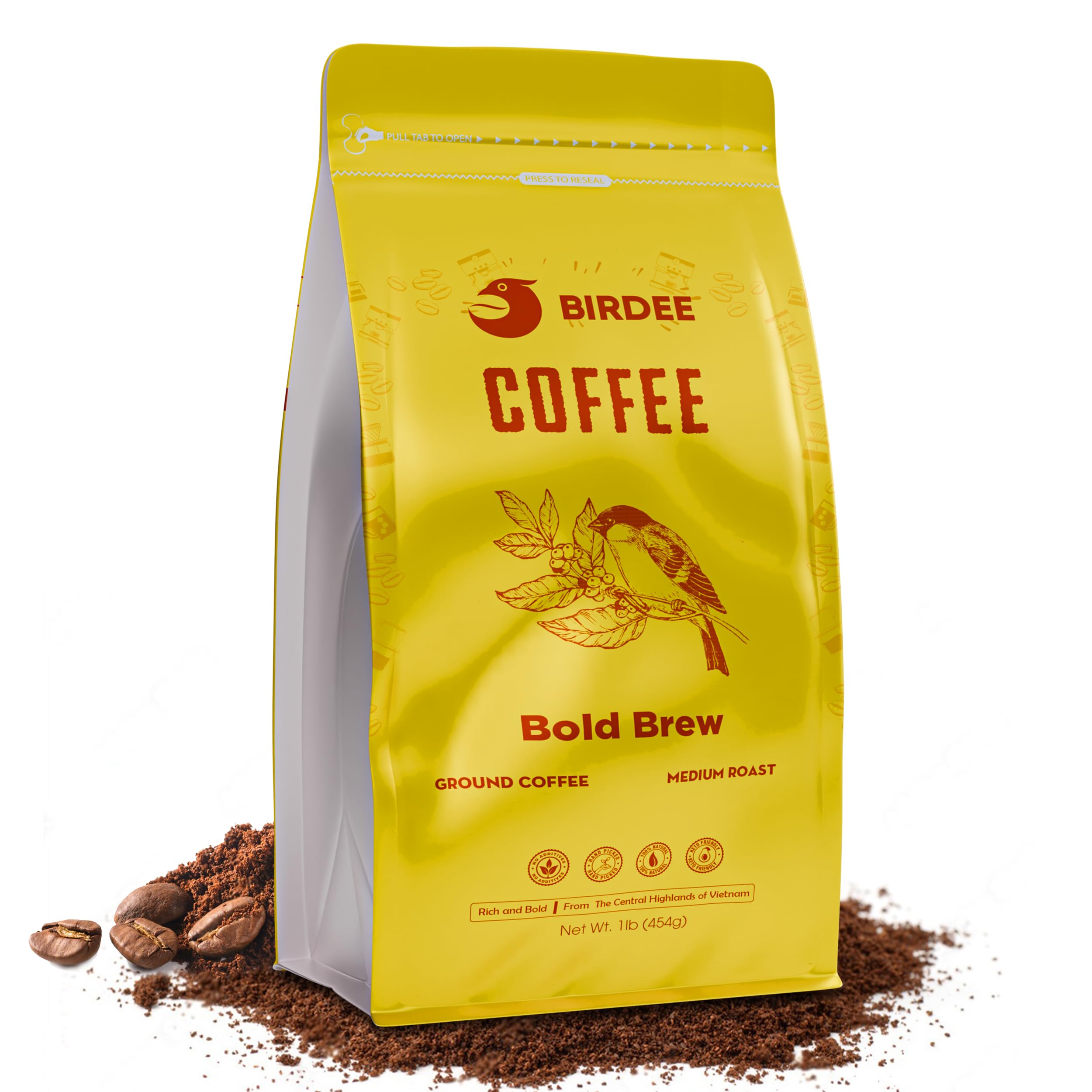 Birdee Vietnamese Premium Coffee Ground - 1 LB, Medium Roast, Hand-Picked, Arabica & Robusta Blend, Rich Flavors, Bold and Complex Aroma, Pack of 1