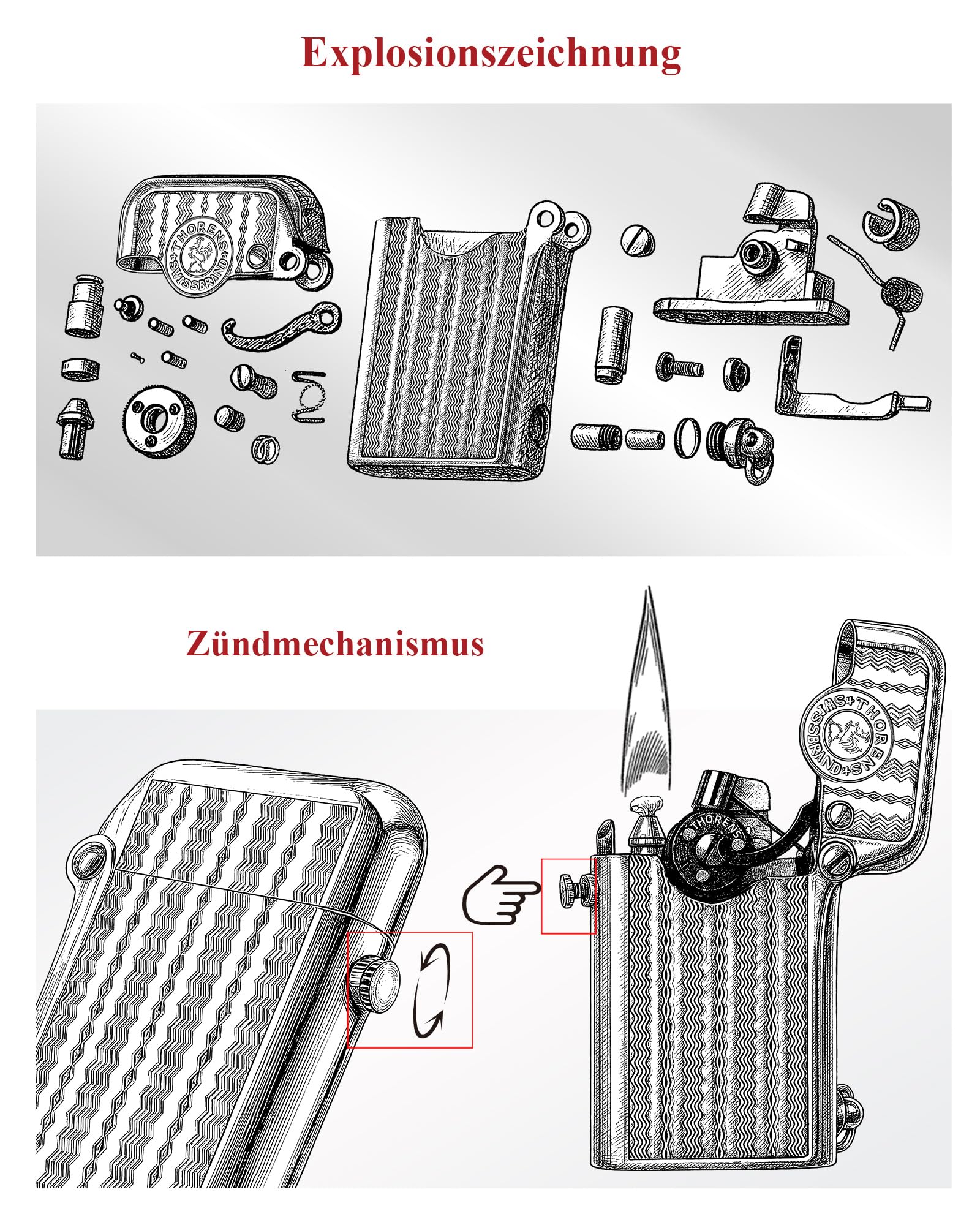 THORENS Gen 1 Single Claw Water Ripple Benzinfeuerzeug, Messing | Vintage, Softflamme, Autozündung, nachfüllbar, Sicherheitssperre, galvanisiert, Gravur, Luxus, Sammlerstück, Ehemann-Geschenk