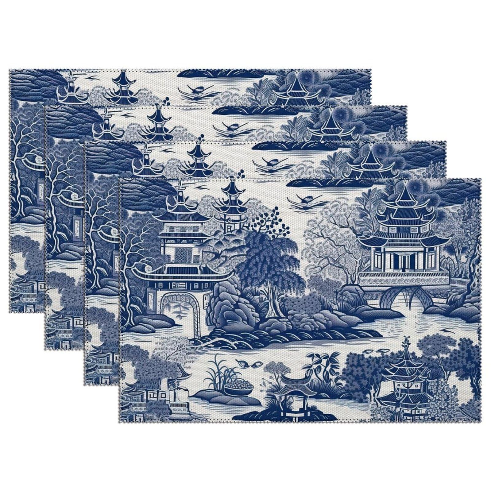 Luckluccy Blue Pagoda Chinoiserie Placemats Set of 4 Heat-Resistant Traditional Oriental Ethnic Style Placemat Non-Slip Elegant Table Placemats for Home Kitchen Restaurant 12x18 Inch